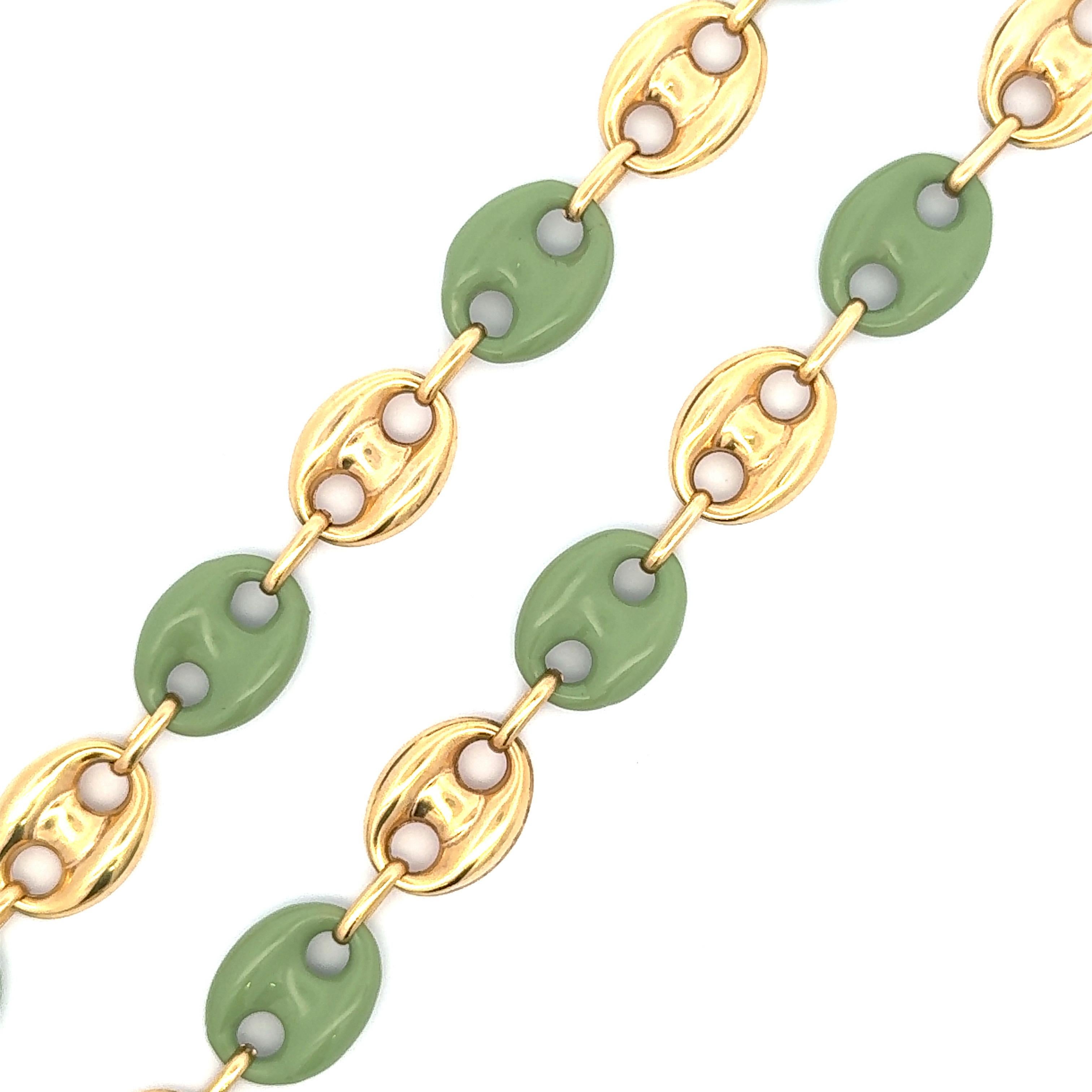 Women's Italian Alternating Mariner Link Jade Enamel & 14 Karat Yellow Gold Necklace  For Sale