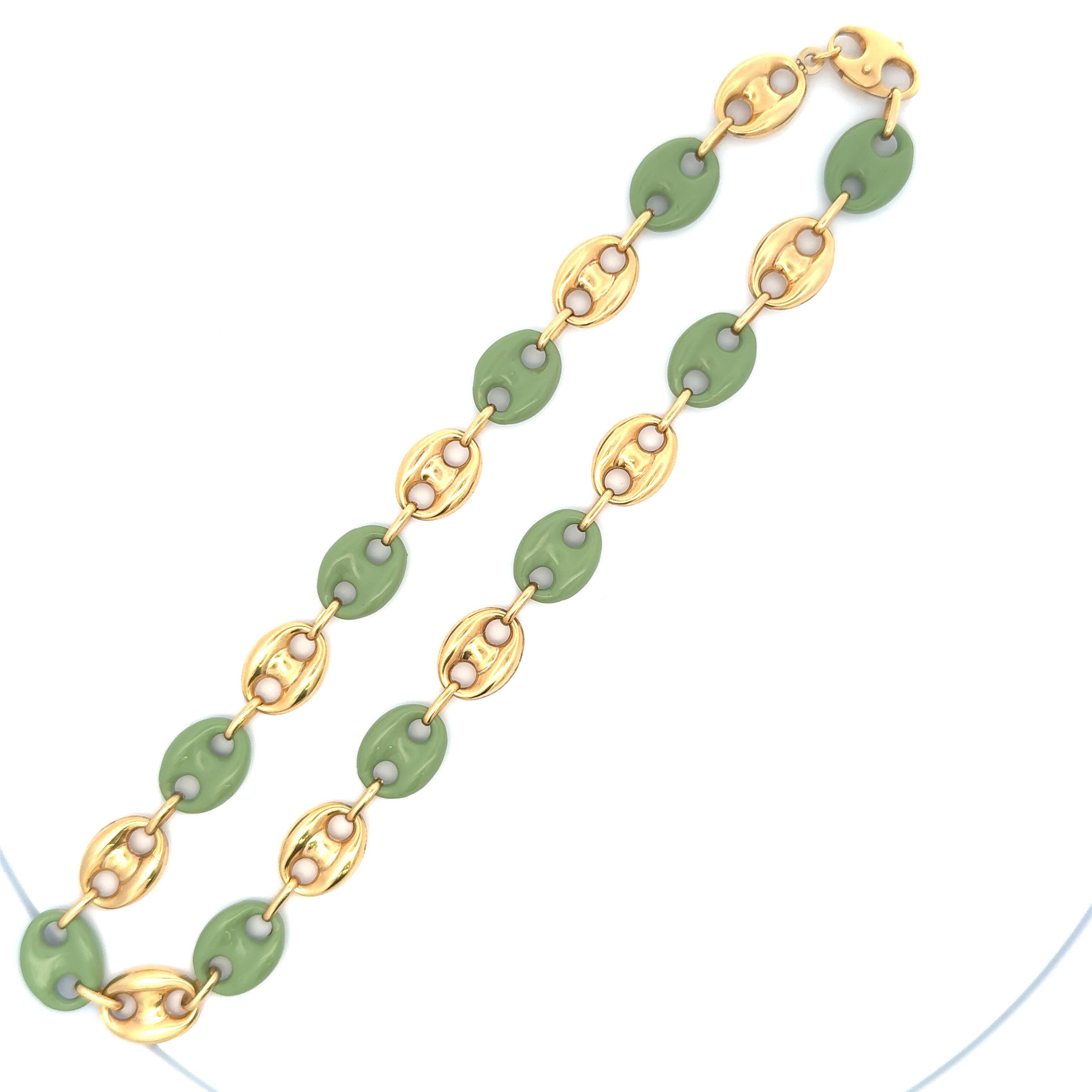 Italian Alternating Mariner Link Jade Enamel & 14 Karat Yellow Gold Necklace  For Sale 1