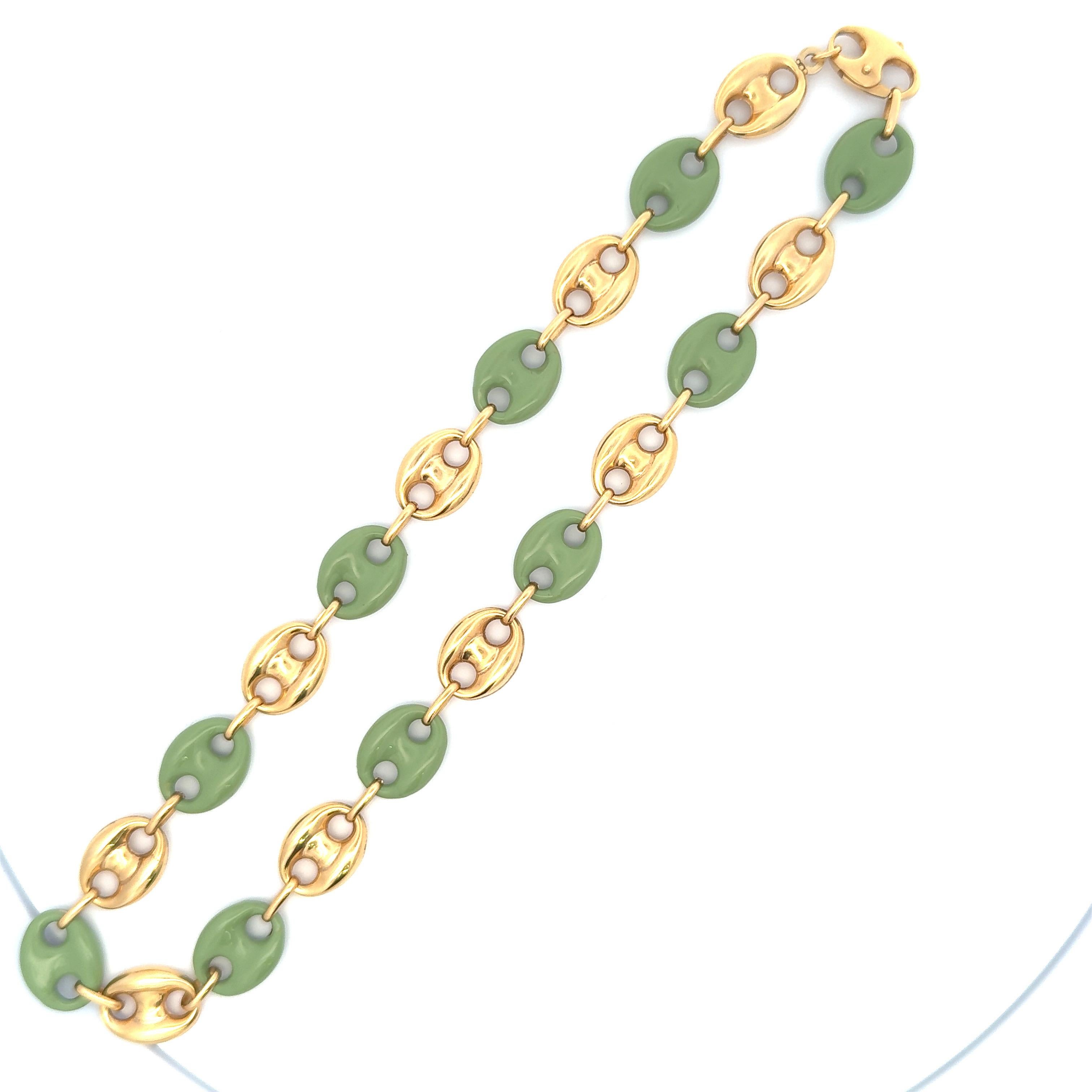 Italian Alternating Mariner Link Jade Enamel & 14 Karat Yellow Gold Necklace In New Condition In New York, NY
