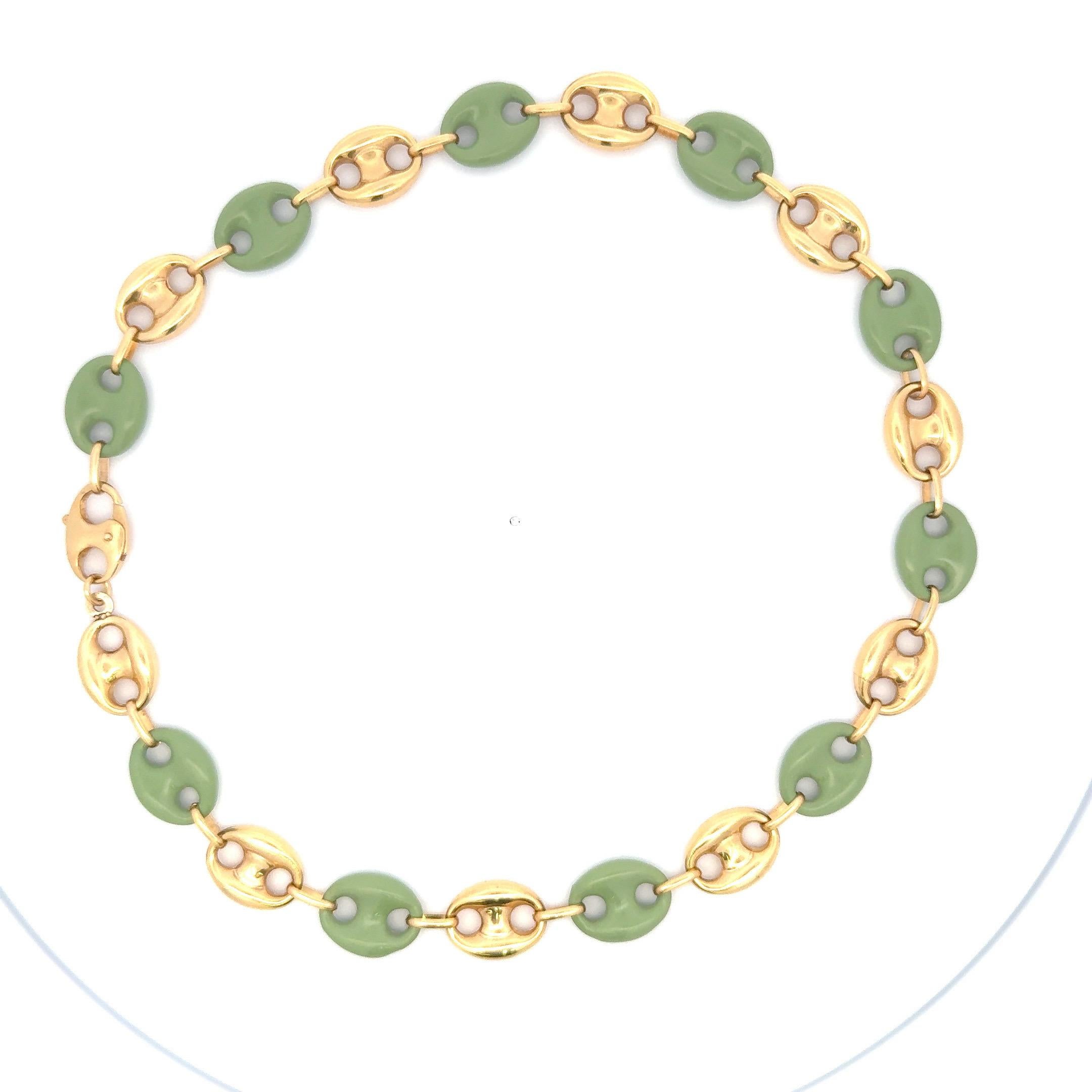 Italian Alternating Mariner Link Jade Enamel & 14 Karat Yellow Gold Necklace  For Sale 2