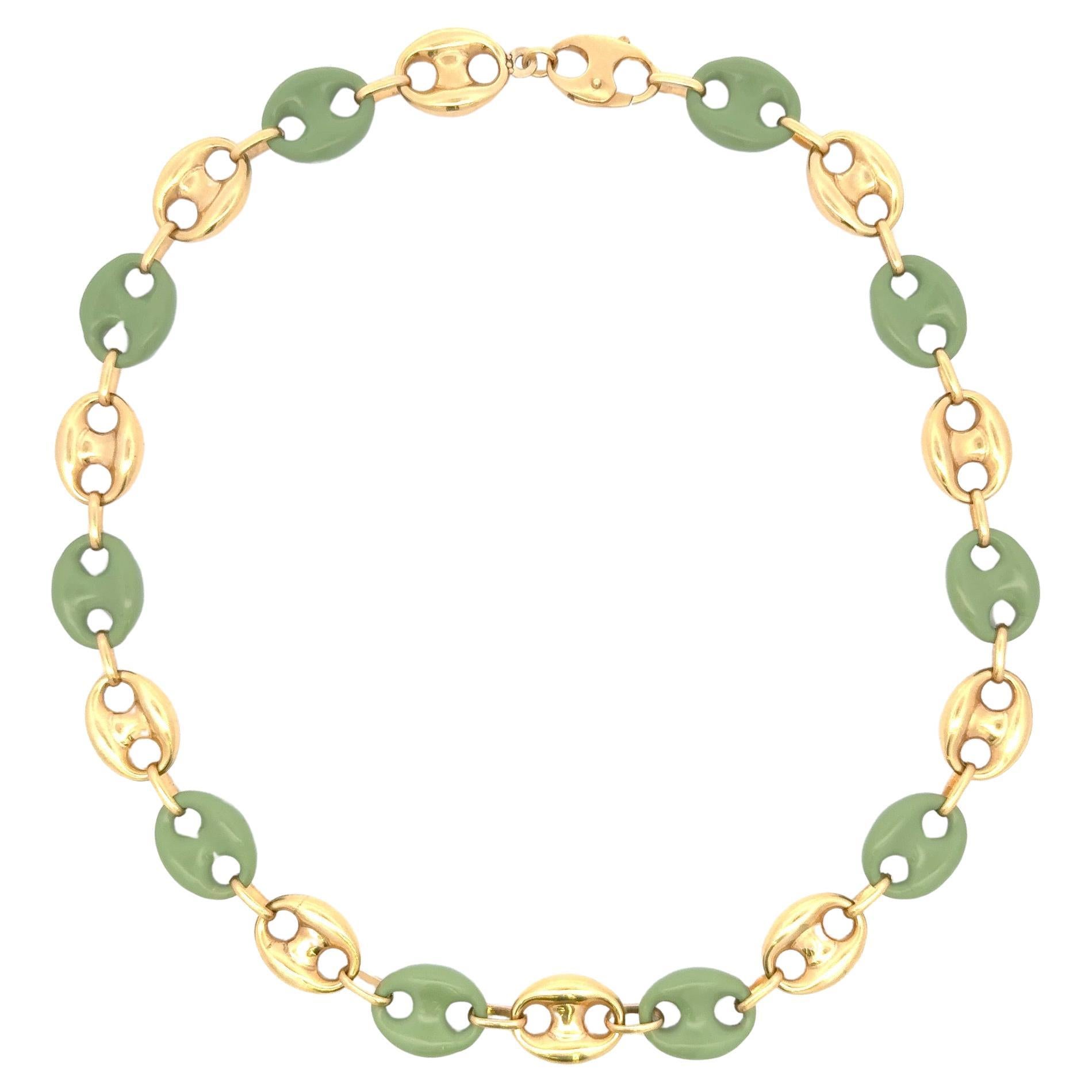 Italian Alternating Mariner Link Jade Enamel & 14 Karat Yellow Gold Necklace
