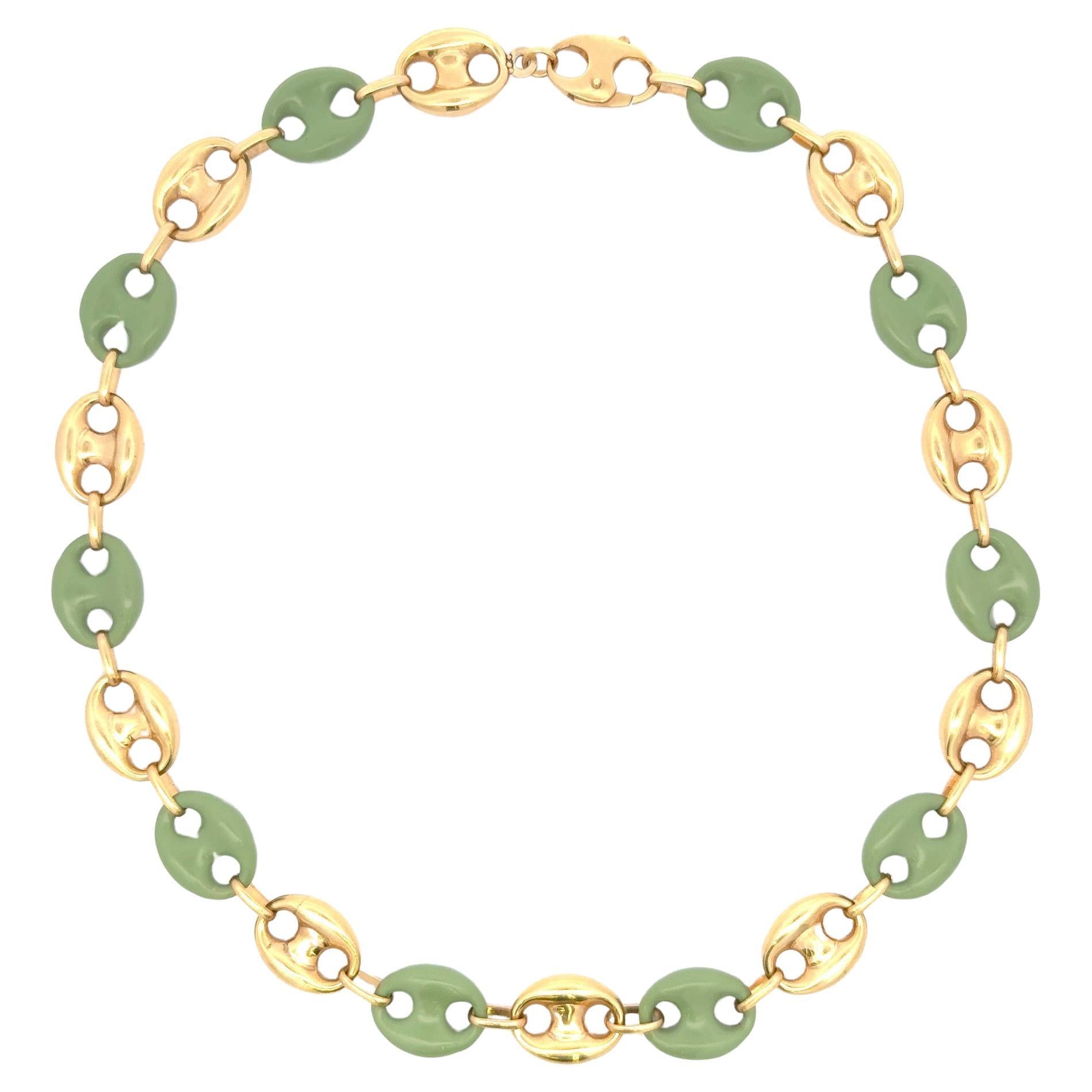 Collier italien à maillons marins alternés en émail de jade et or jaune 14 carats 