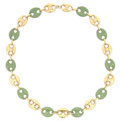 Italienische Halskette aus 14 Karat Gelbgold mit abwechselnd Mariner-Glieder, Jade-Emaille und Emaille 