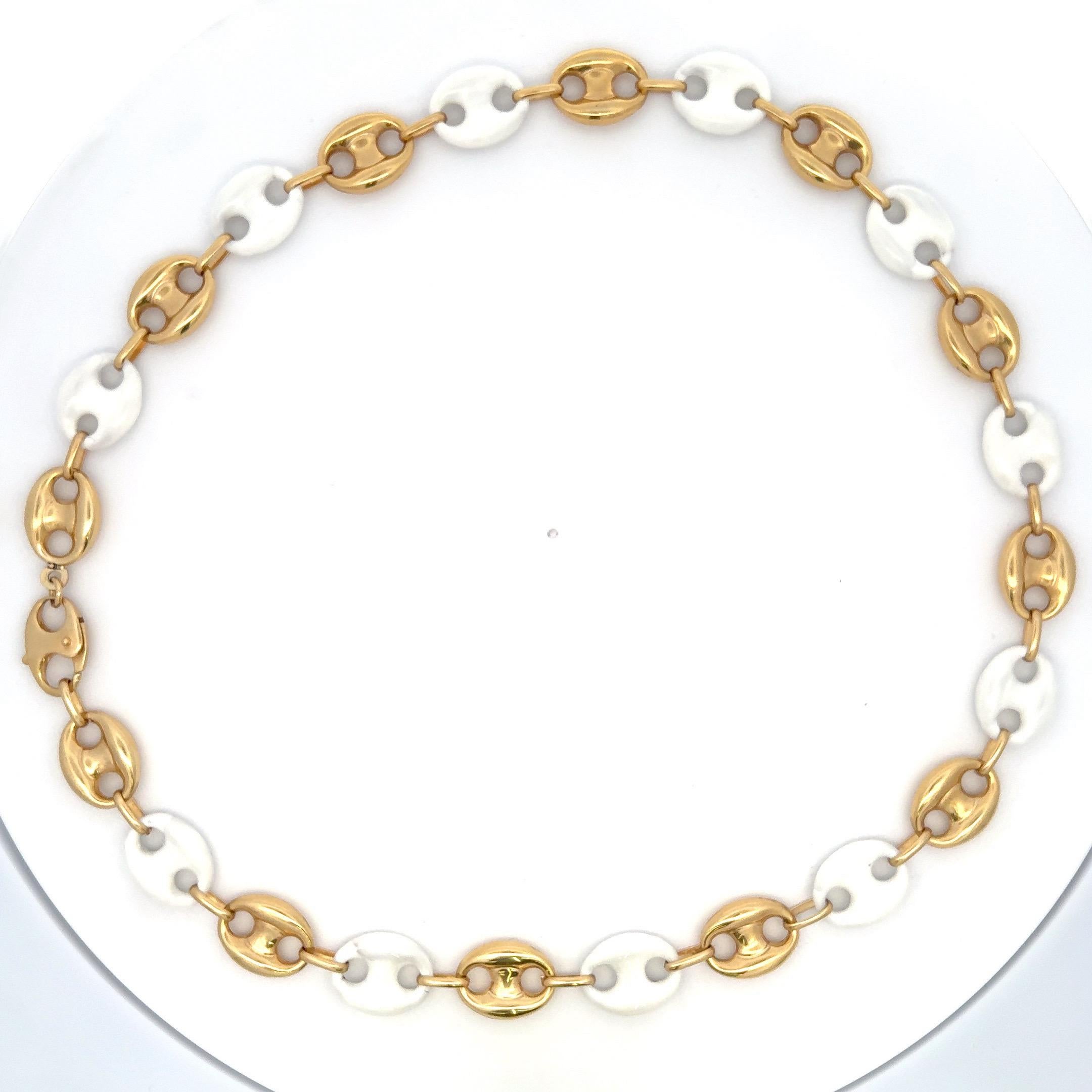 Contemporary Italian Alternating Mariner Link White Enamel & 14 Karat Yellow Gold Necklace  For Sale