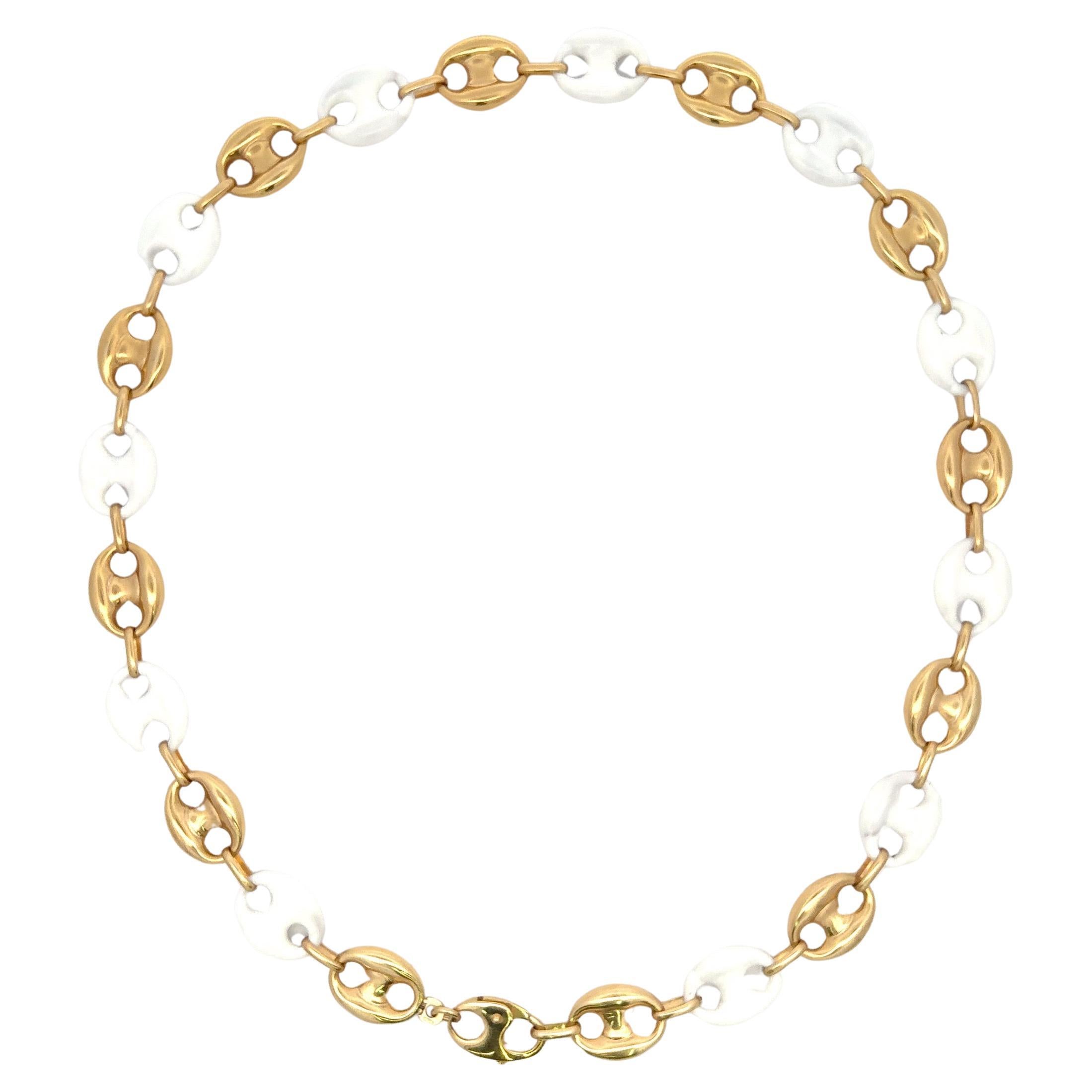 Women's Italian Alternating Mariner Link White Enamel & 14 Karat Yellow Gold Necklace  For Sale