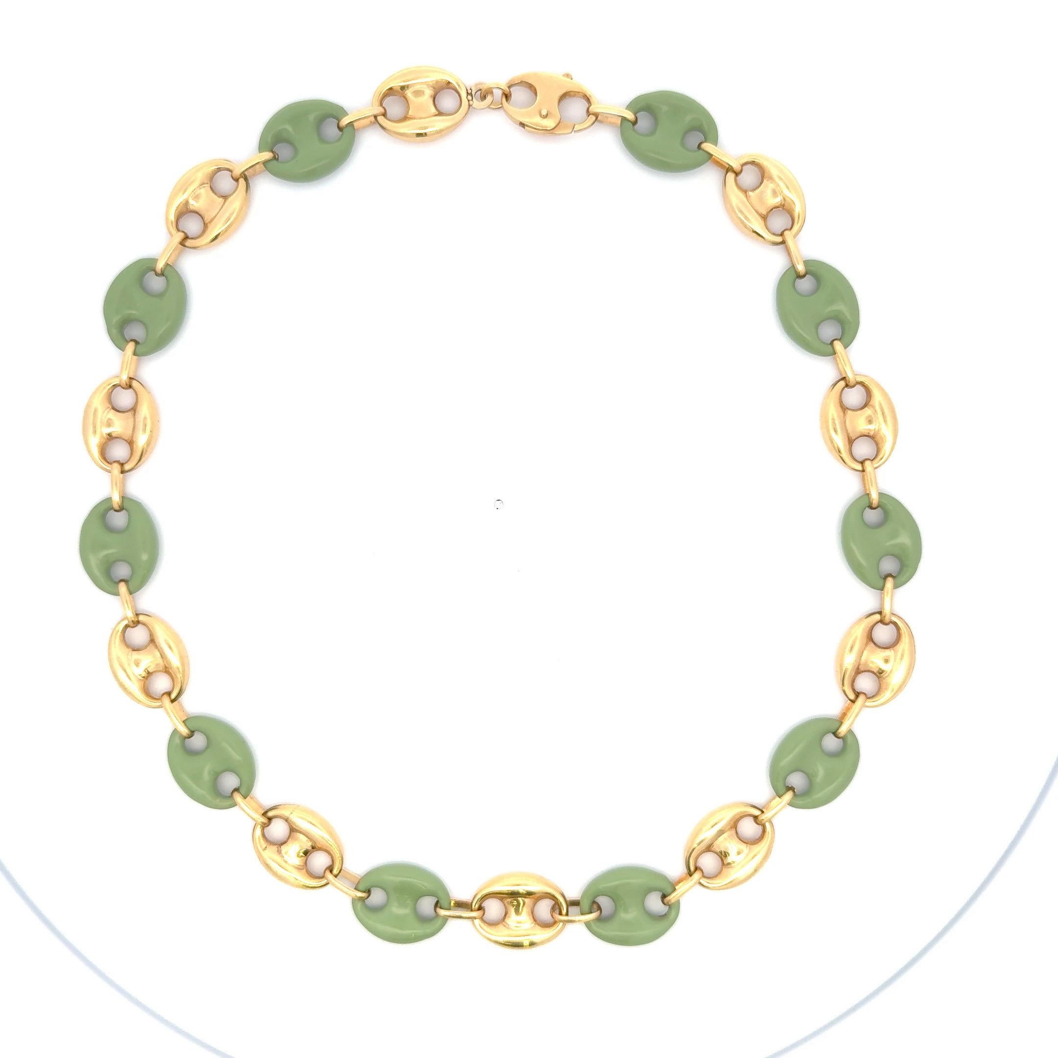 Italian Alternating Mariner Link White Enamel & 14 Karat Yellow Gold Necklace  For Sale 1