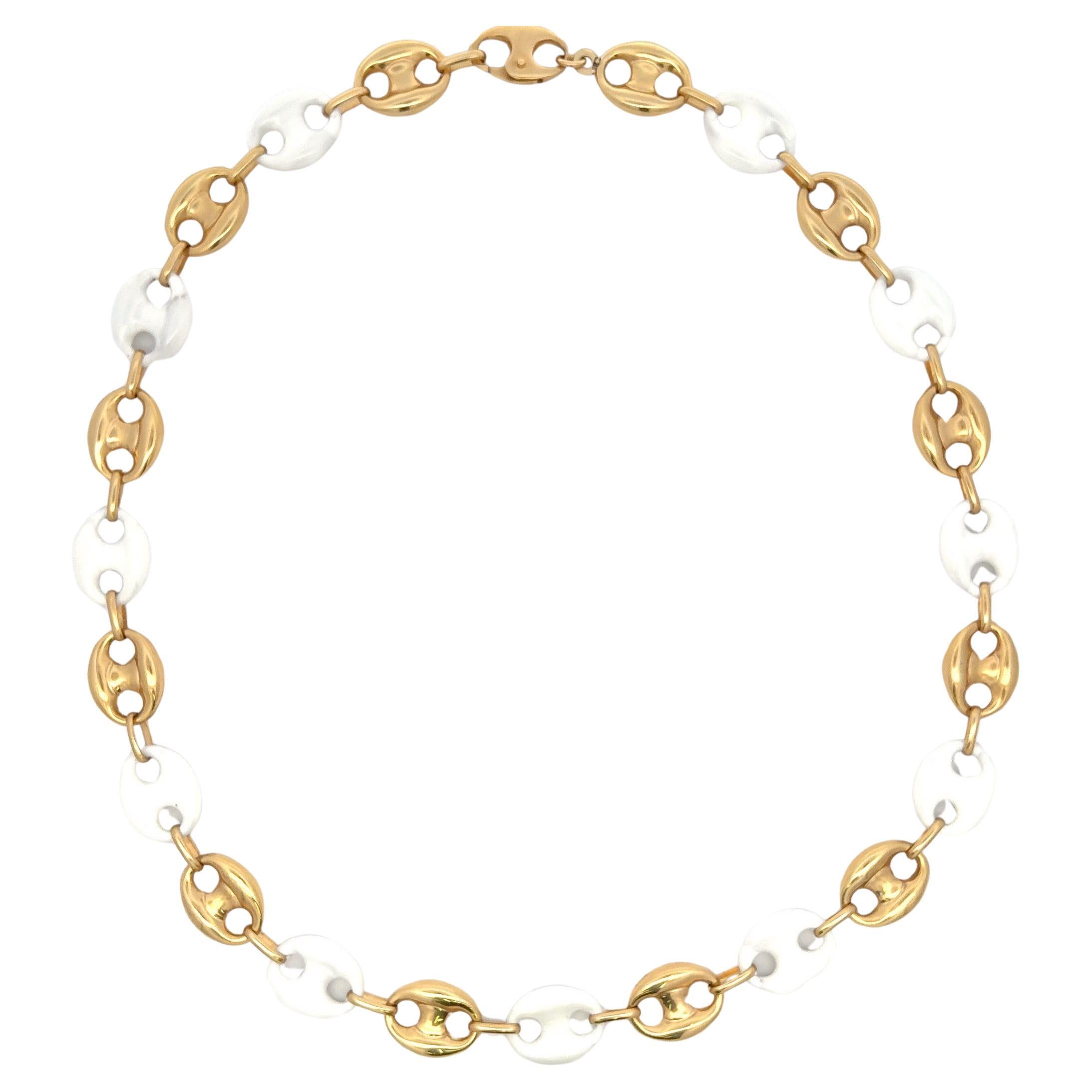 Italian Alternating Mariner Link White Enamel & 14 Karat Yellow Gold Necklace  For Sale