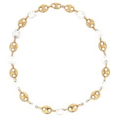 Italian Alternating Mariner Link White Enamel & 14 Karat Yellow Gold Necklace 
