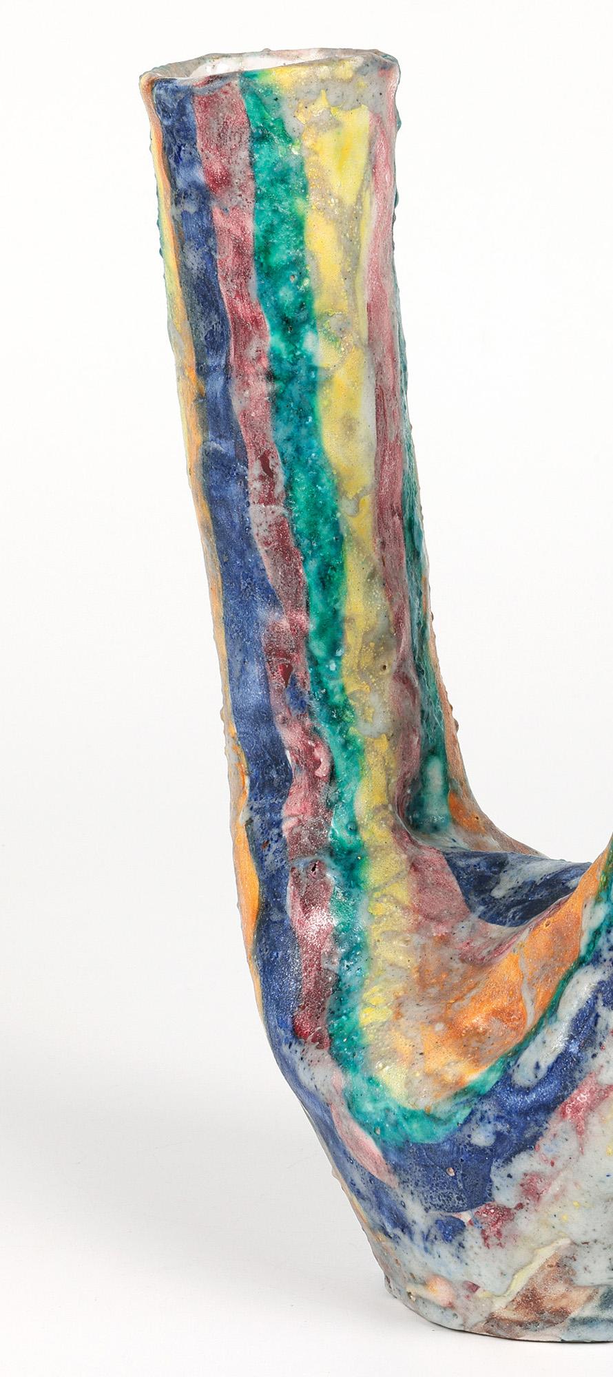 Italian Amalfi Mid-Century Guido Gambone Style Art Pottery Twin Spout Vase In Good Condition In Bishop's Stortford, Hertfordshire