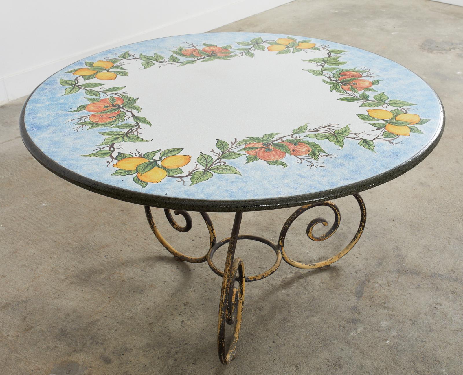 Italian Amalfi Style Glazed Stone and Iron Painted Garden Table For Sale 1