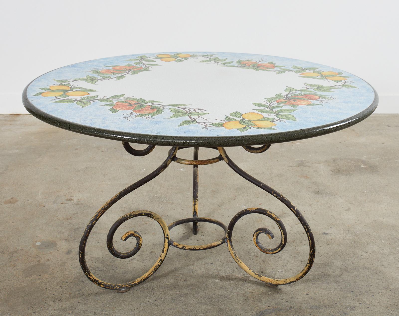 Italian Amalfi Style Glazed Stone and Iron Painted Garden Table For Sale 3