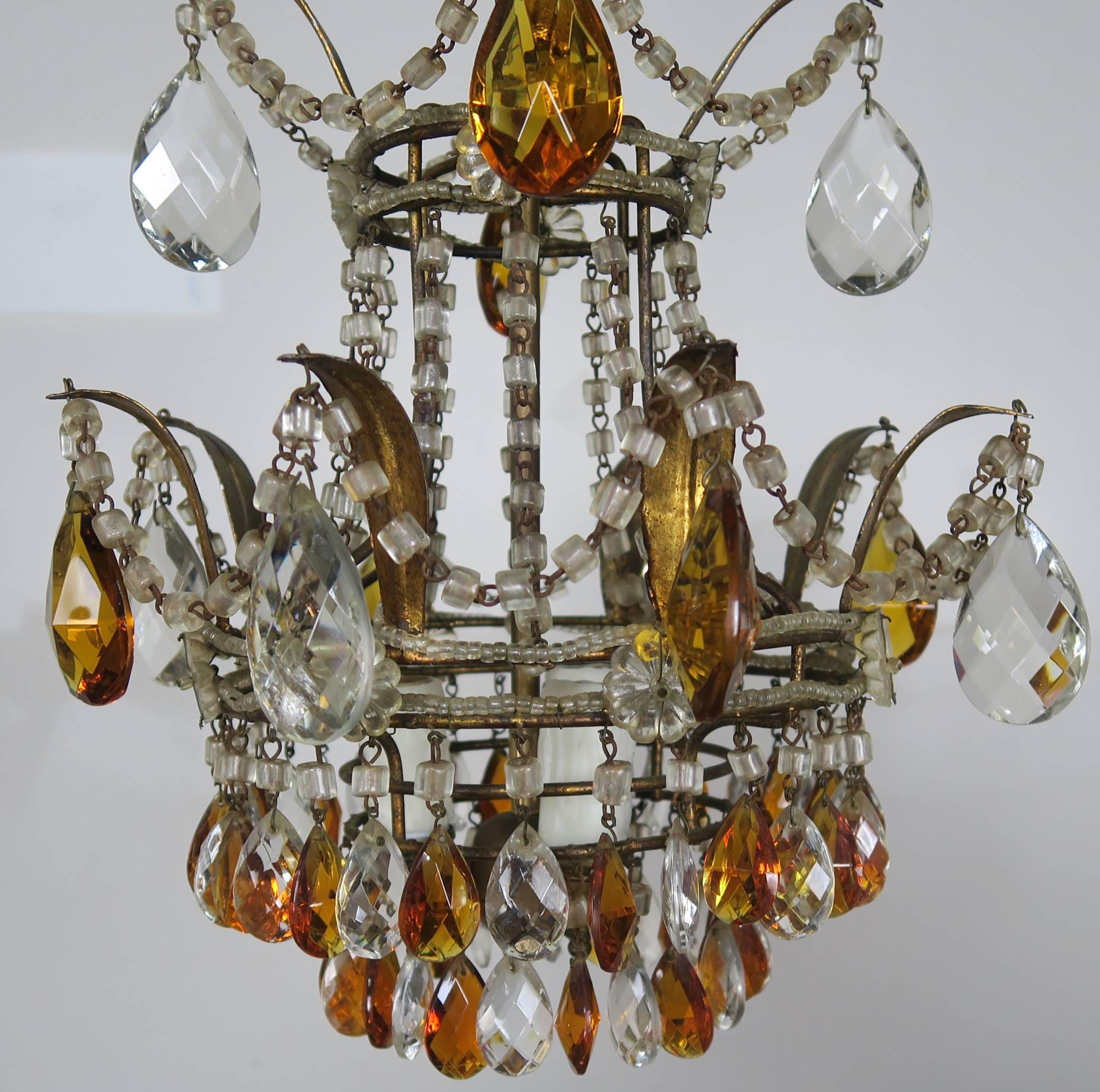 Italian crystal and macaroni beaded chandelier with gilt metal frame. Newly wired and ready to install. Original chain and canopy included.