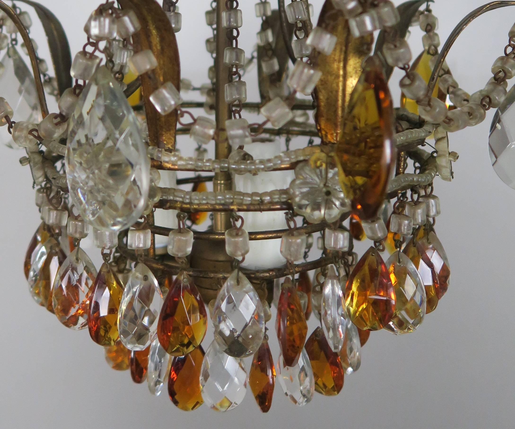 Rococo Italian Amber and Clear Crystal Beaded Chandelier