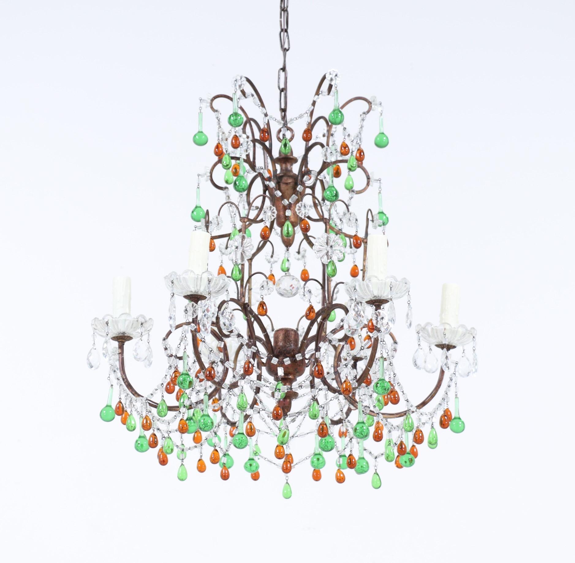 French Provincial Italian Amber And Green Crystal Beaded Chandelier