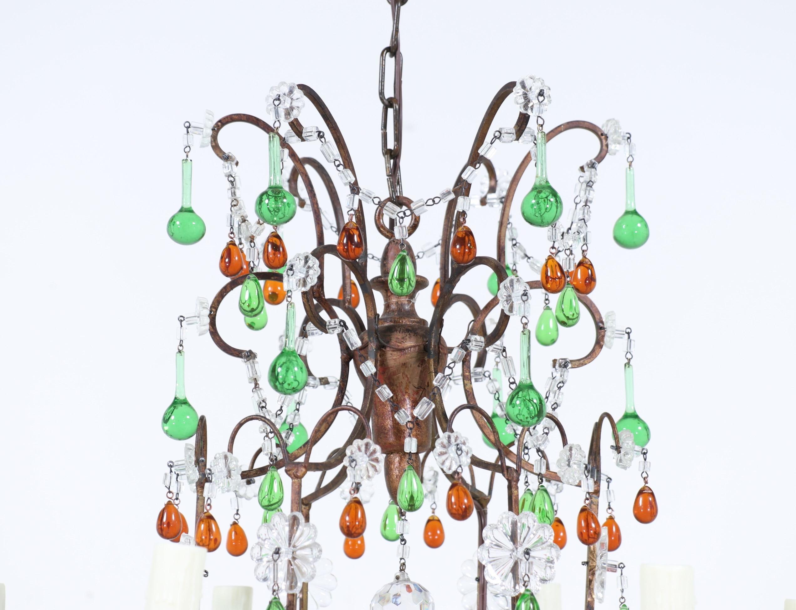 Italian Amber And Green Crystal Beaded Chandelier In Good Condition In Los Angeles, CA