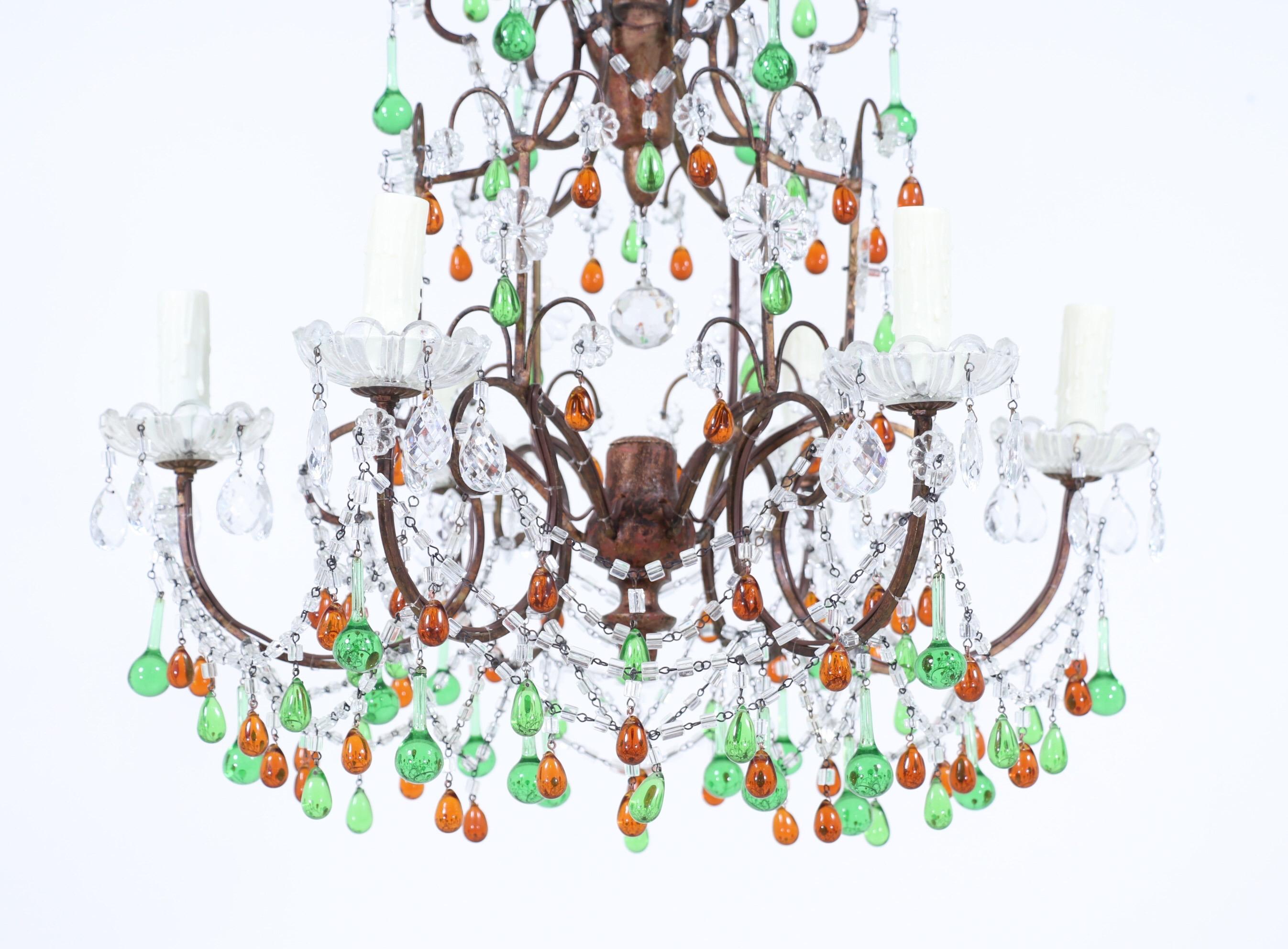 Mid-20th Century Italian Amber And Green Crystal Beaded Chandelier