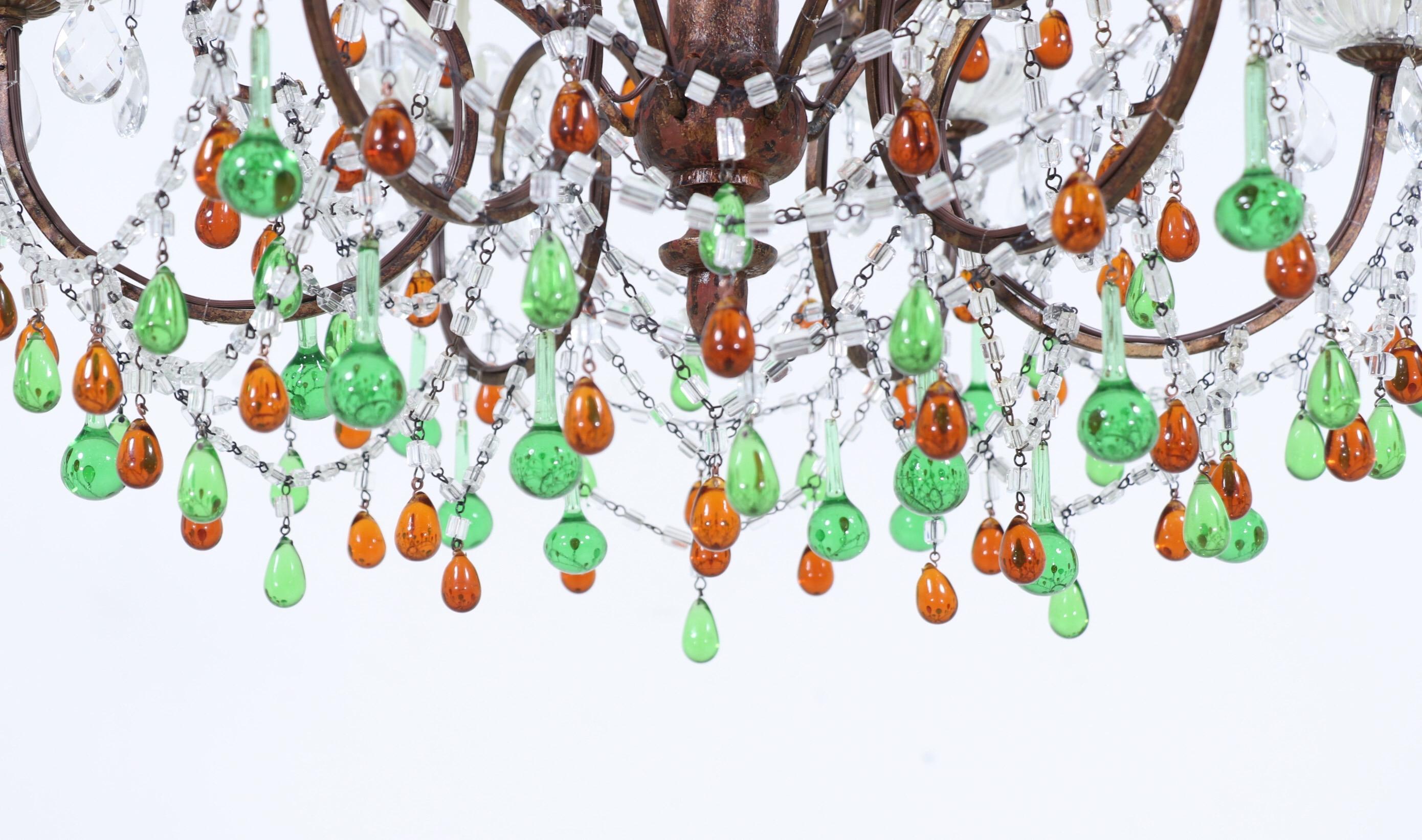 Art Glass Italian Amber And Green Crystal Beaded Chandelier