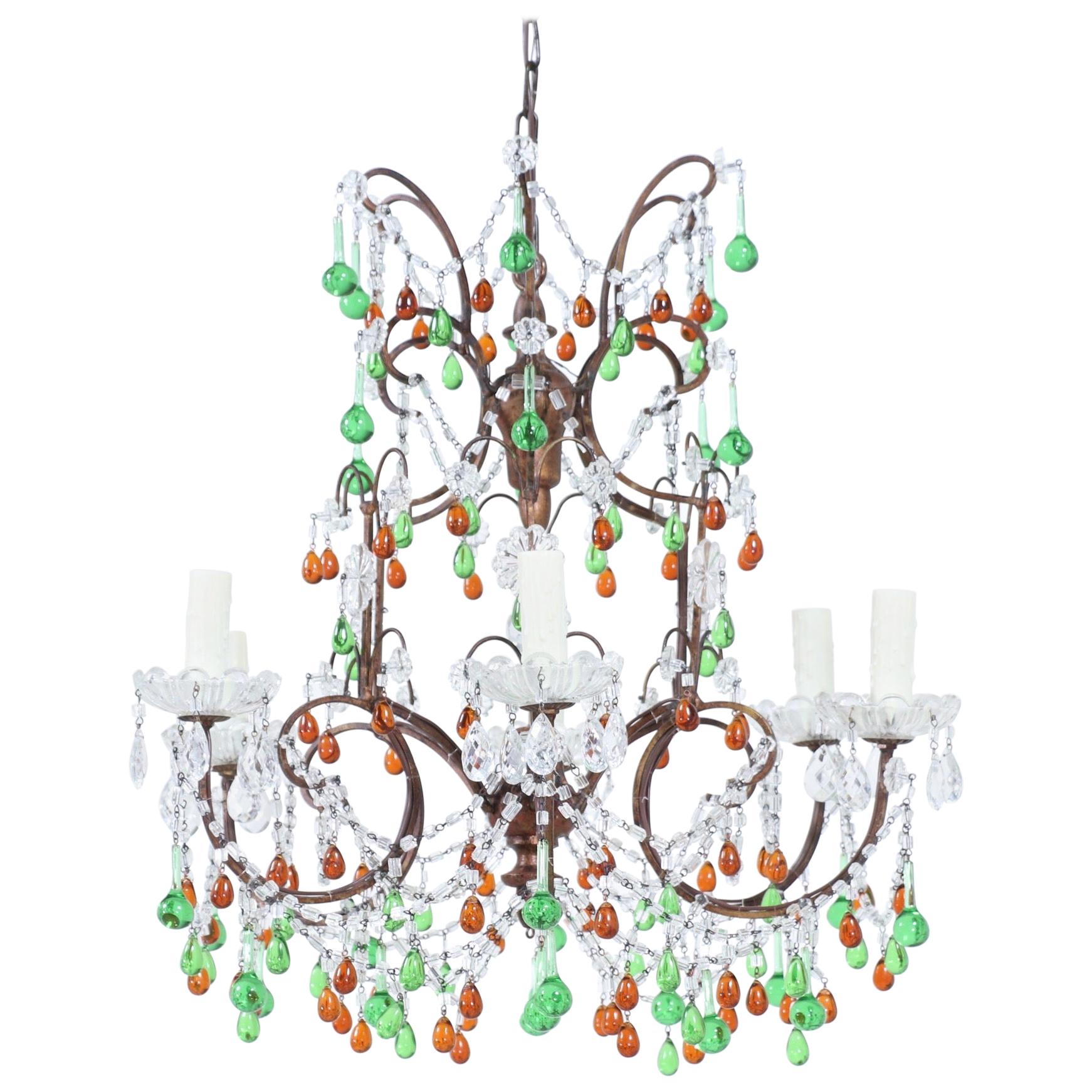 Italian Amber And Green Crystal Beaded Chandelier