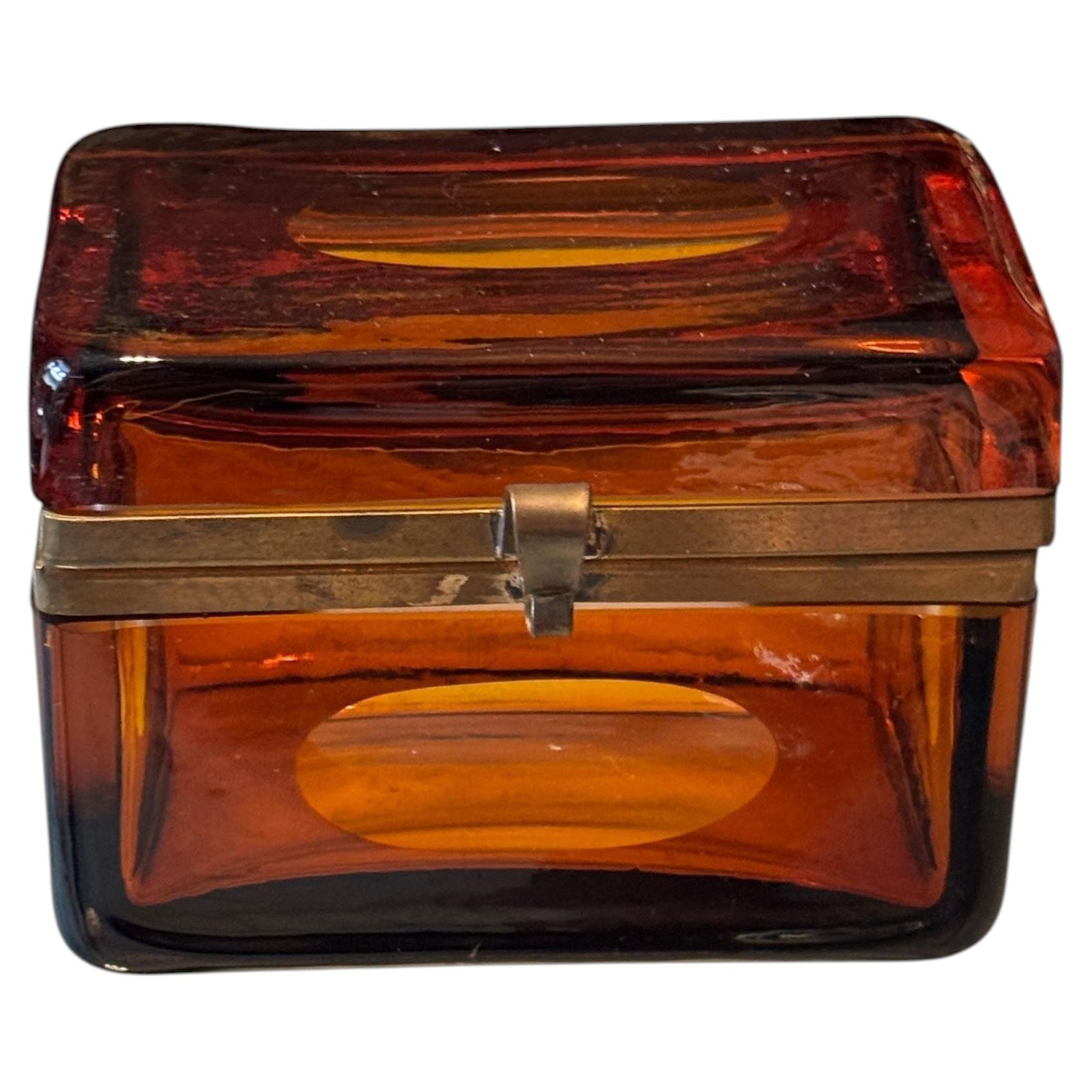 Italian Amber Art Glass Casket Box with Brass Mounts
