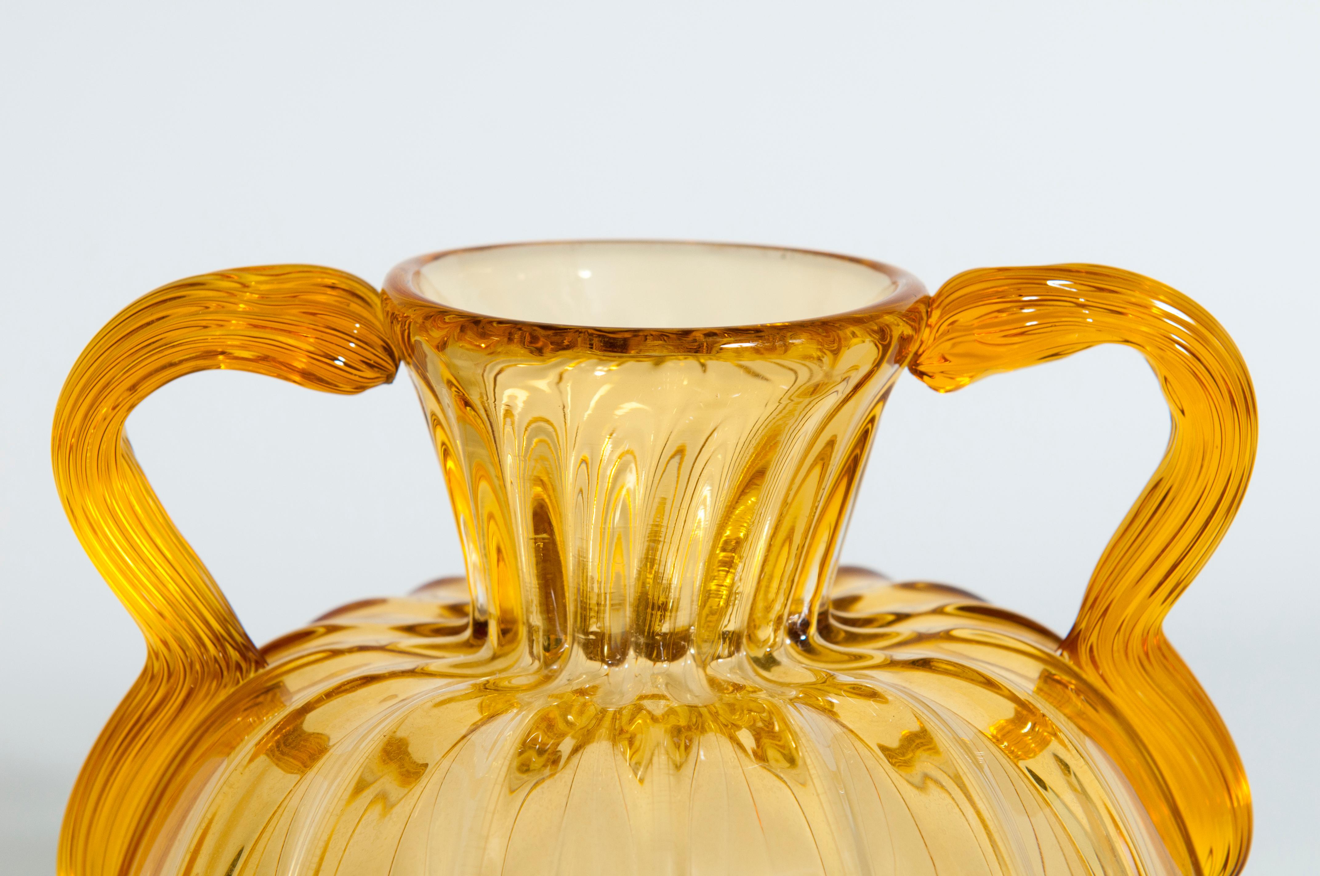 Cut Glass Italian Amber-Color Murano Glass Amphora, 1980s, Venice For Sale