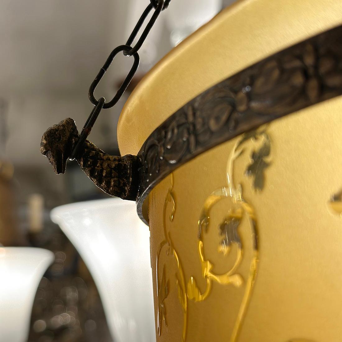A circa 1950's Italian amber etched lantern with 3 interior lights.

<strong>Measurements:</strong>
Present drop: 31.5