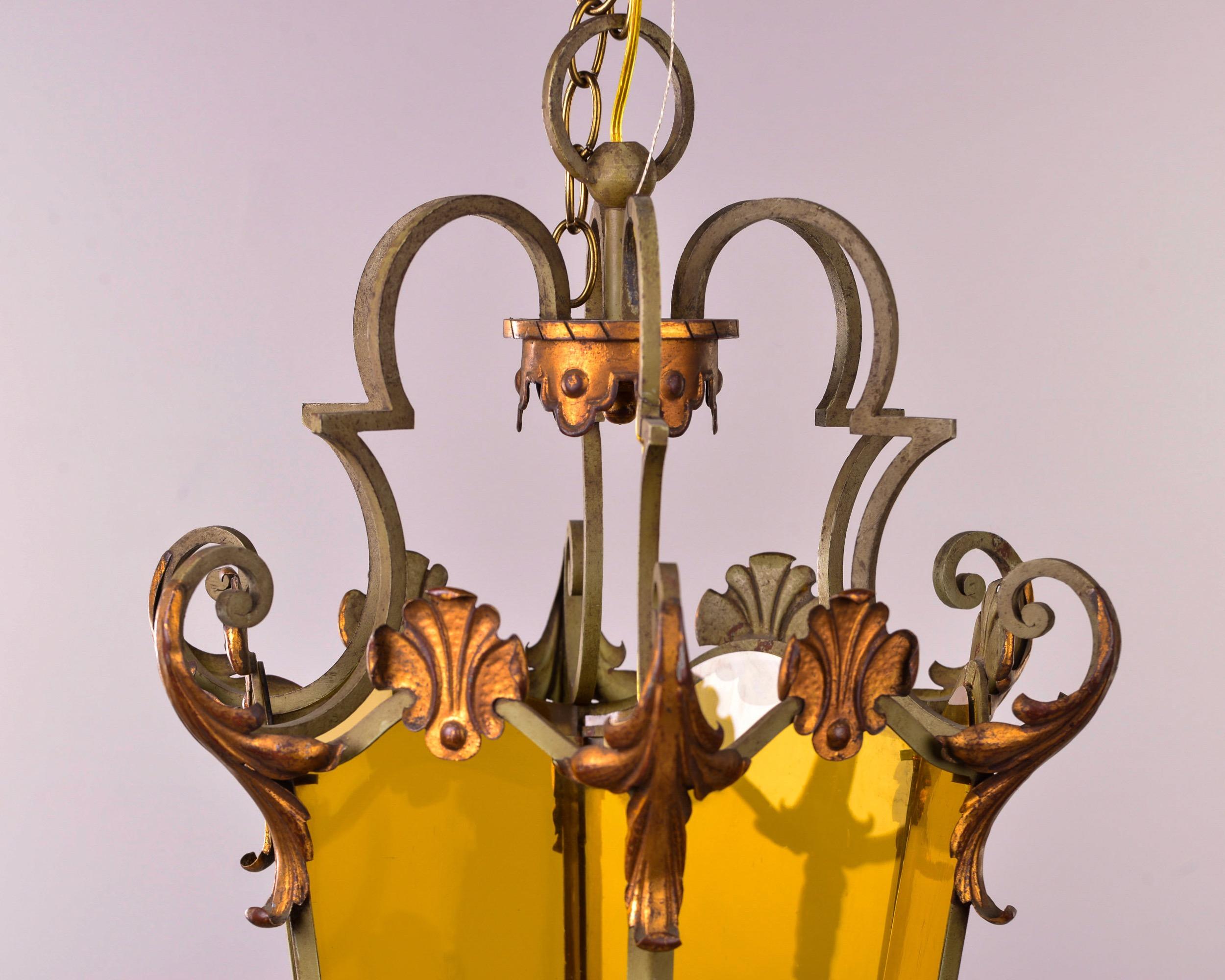 Italian Amber Glass Lantern Style Pendant with Iron and Gilt Metal Frame 6