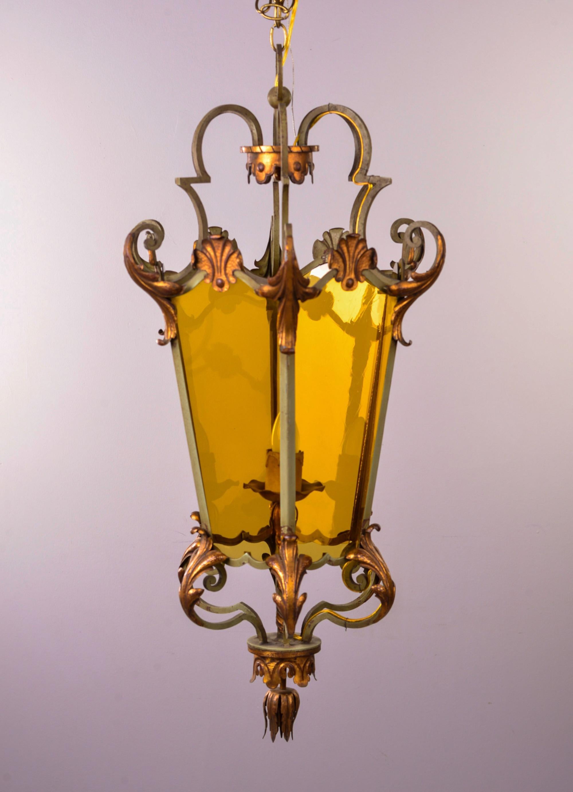 Italian Amber Glass Lantern Style Pendant with Iron and Gilt Metal Frame 7