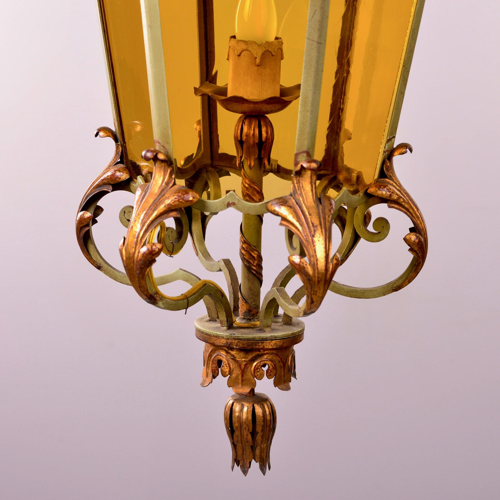 Italian Amber Glass Lantern Style Pendant with Iron and Gilt Metal Frame 8