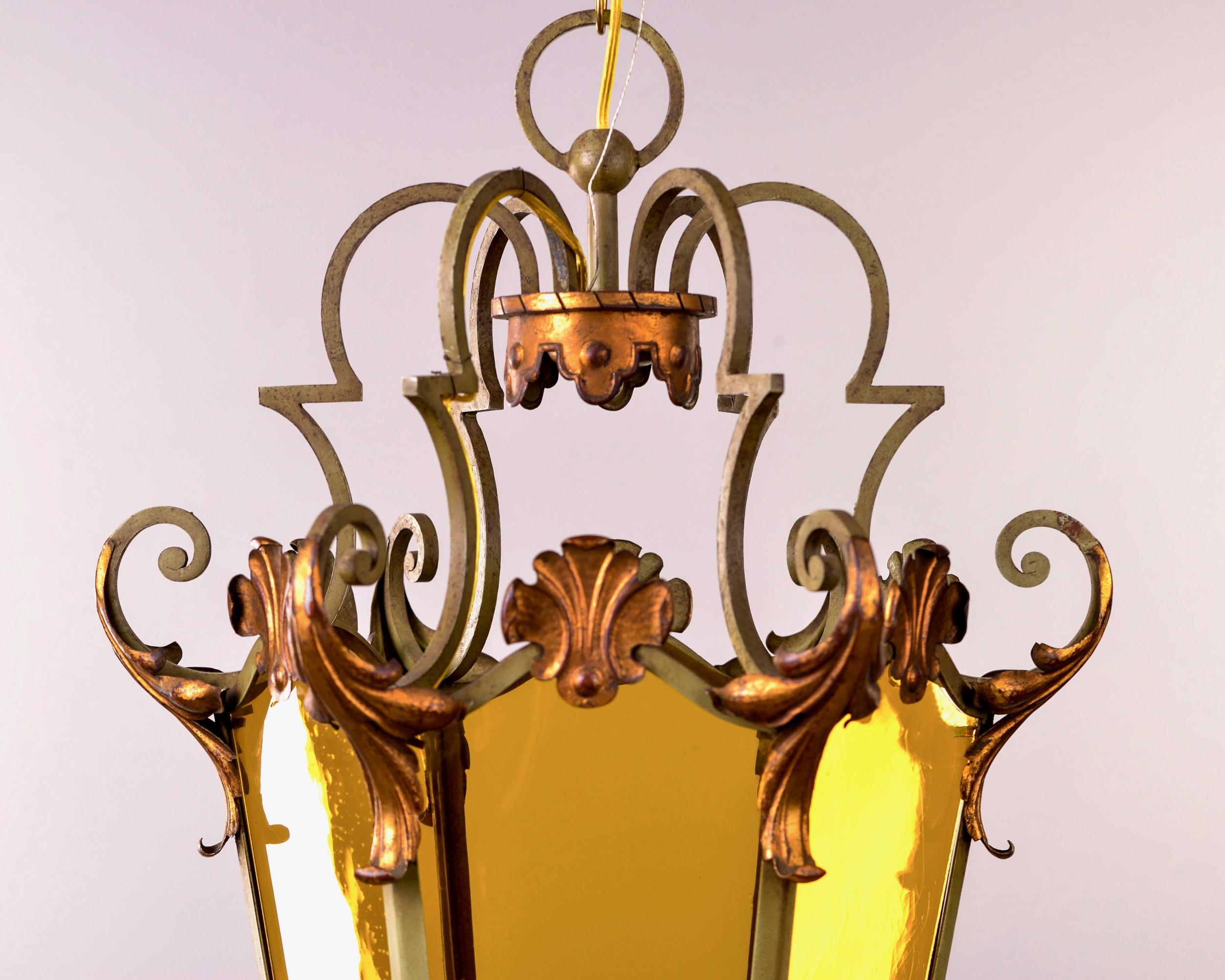 Italian Amber Glass Lantern Style Pendant with Iron and Gilt Metal Frame 9
