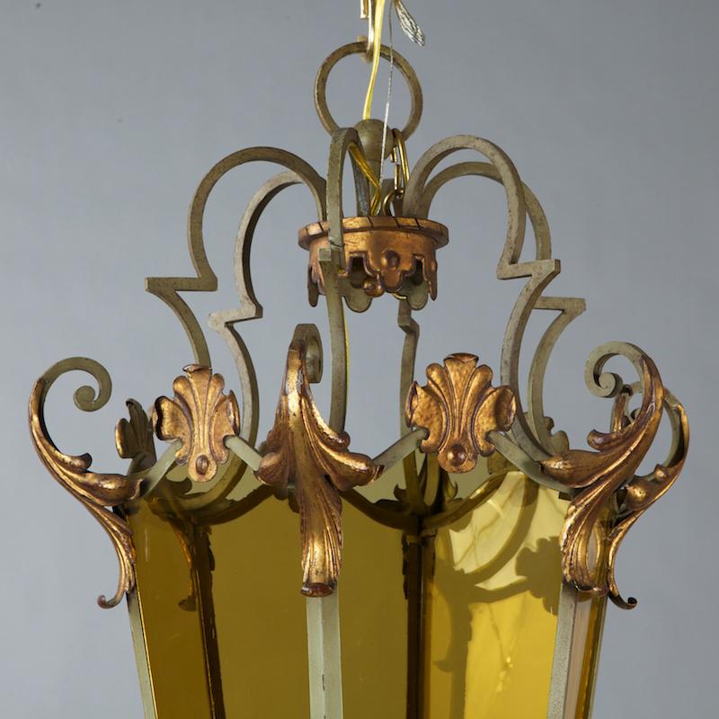 Italian Amber Glass Lantern Style Pendant with Iron and Gilt Metal Frame In Good Condition In Troy, MI