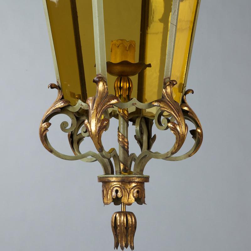 20th Century Italian Amber Glass Lantern Style Pendant with Iron and Gilt Metal Frame