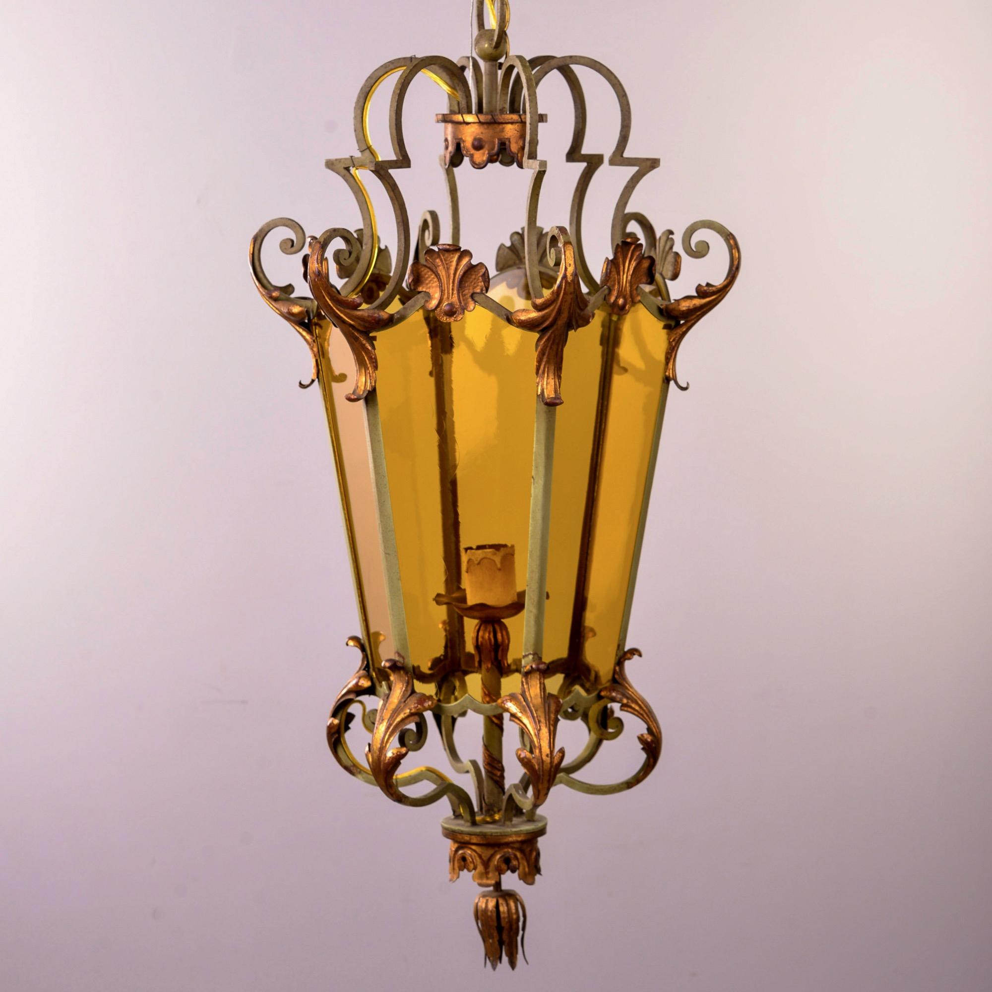 Italian Amber Glass Lantern Style Pendant with Iron and Gilt Metal Frame 1