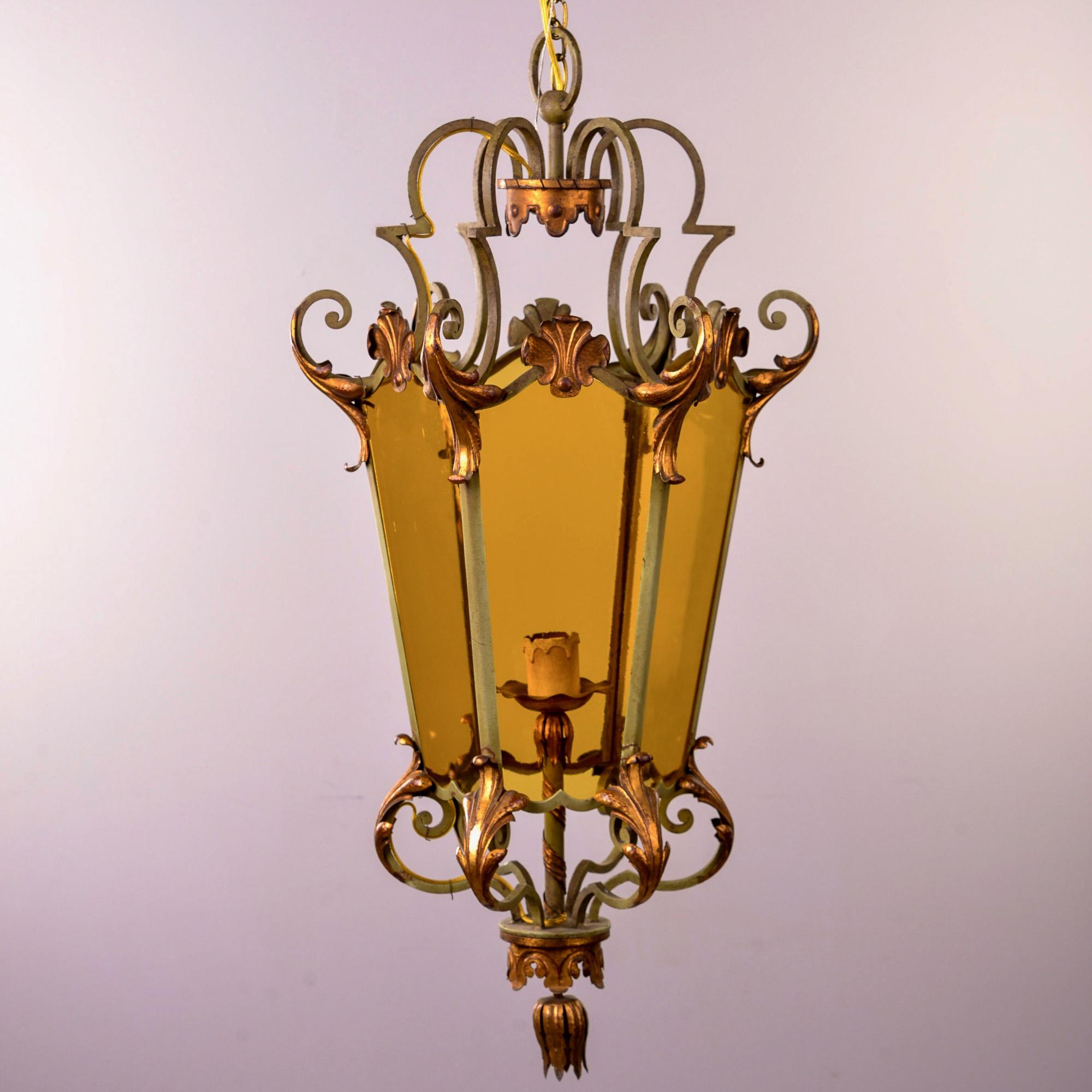 Italian Amber Glass Lantern Style Pendant with Iron and Gilt Metal Frame 2