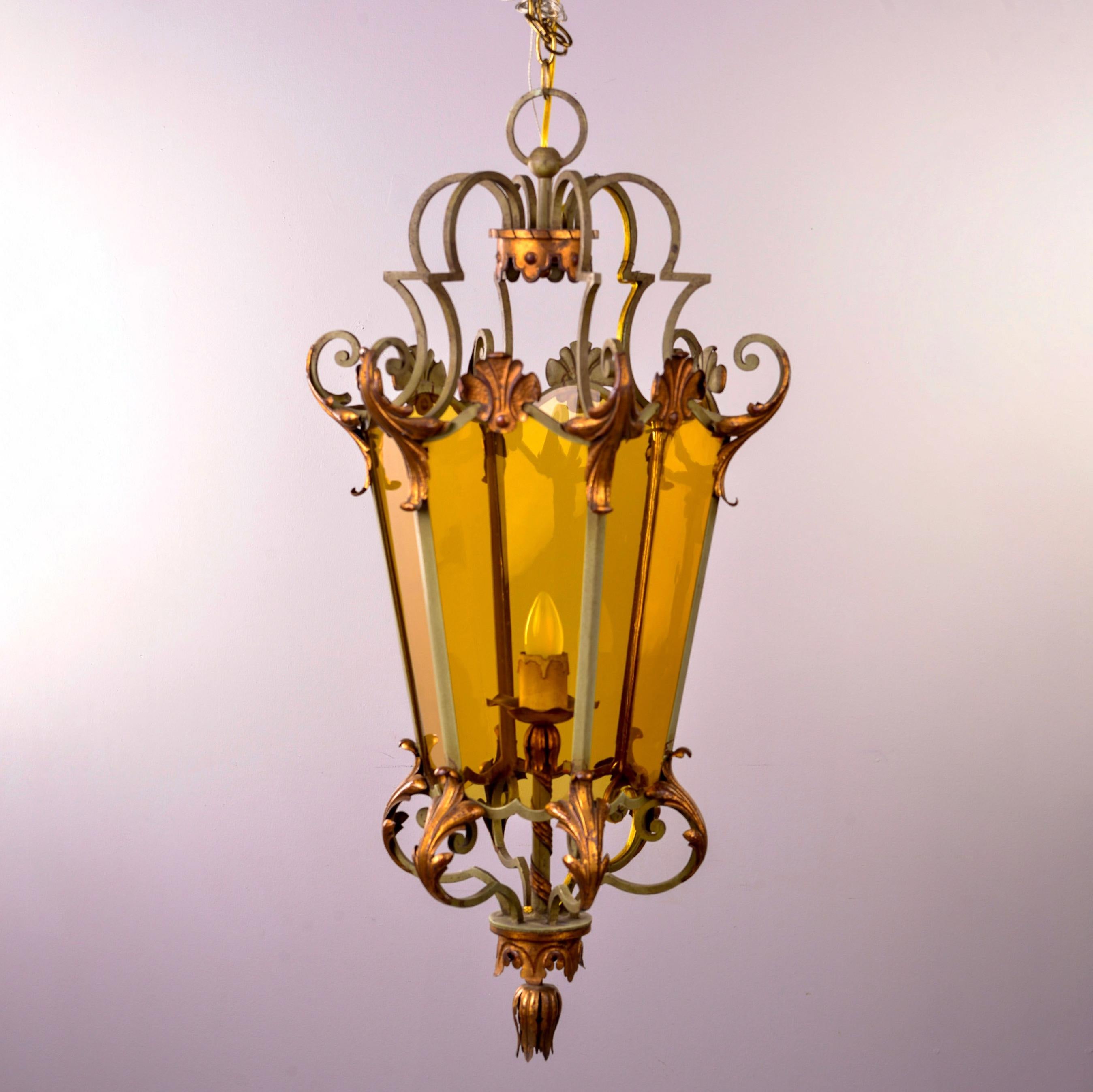 Italian Amber Glass Lantern Style Pendant with Iron and Gilt Metal Frame 3