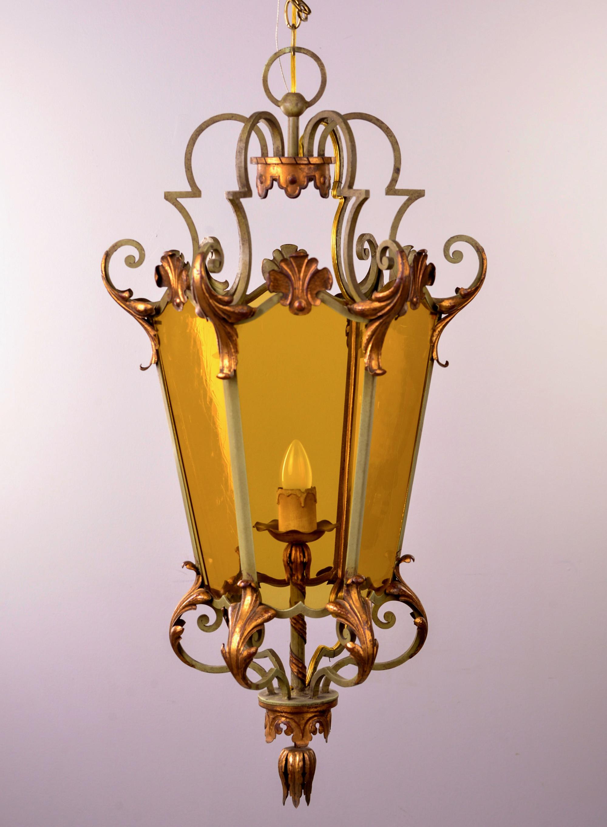 Italian Amber Glass Lantern Style Pendant with Iron and Gilt Metal Frame 4