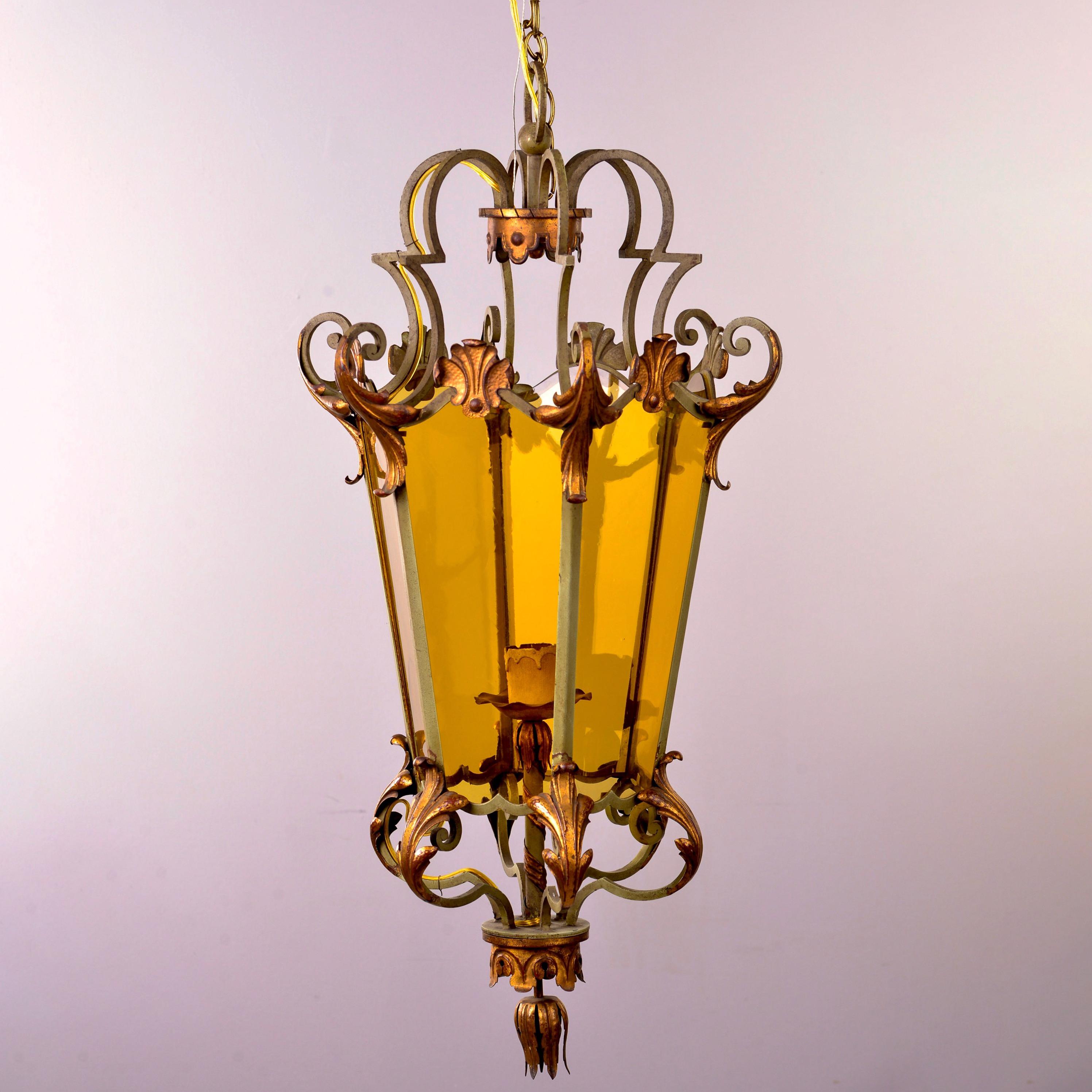 Italian Amber Glass Lantern Style Pendant with Iron and Gilt Metal Frame 5