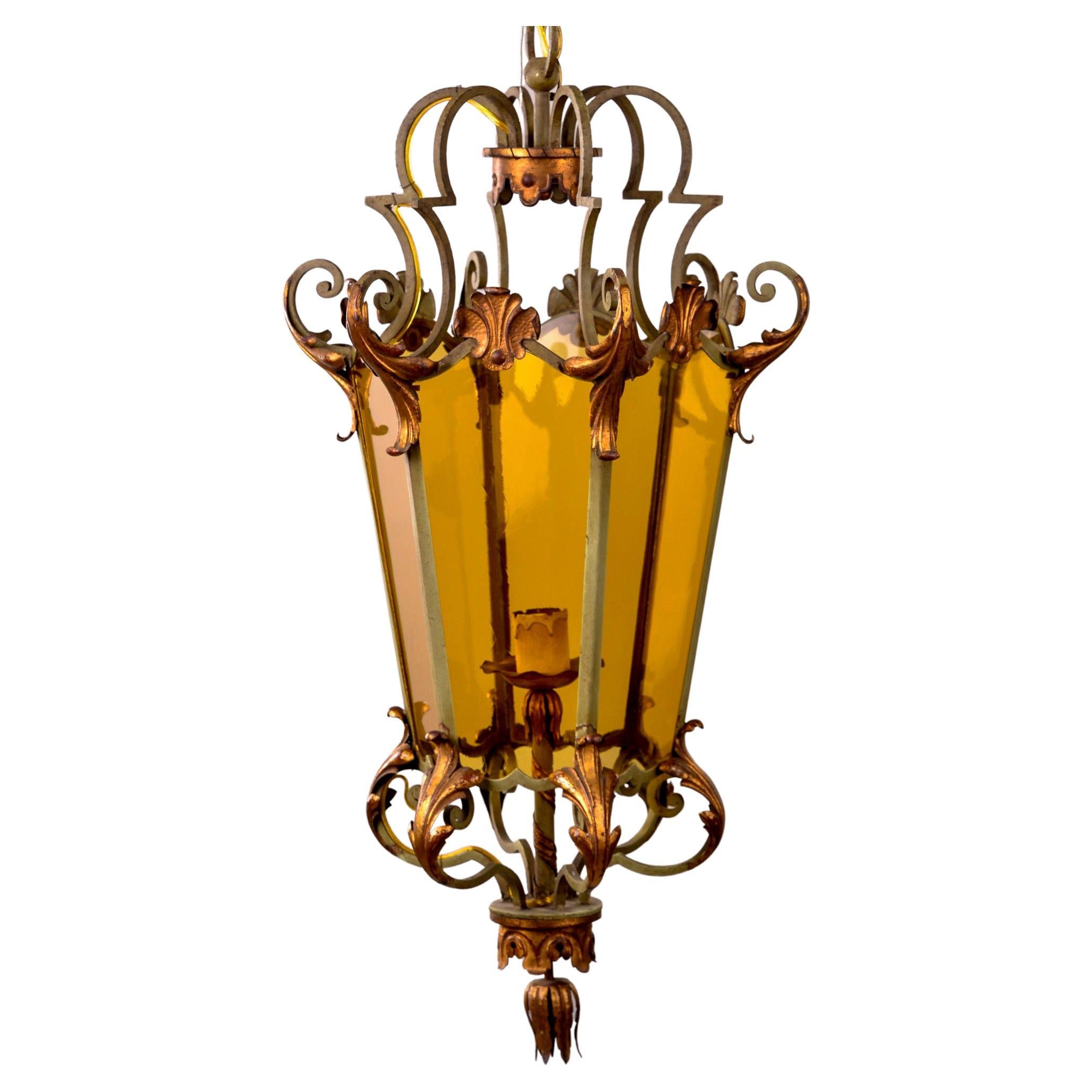 Italian Amber Glass Lantern Style Pendant with Iron and Gilt Metal Frame
