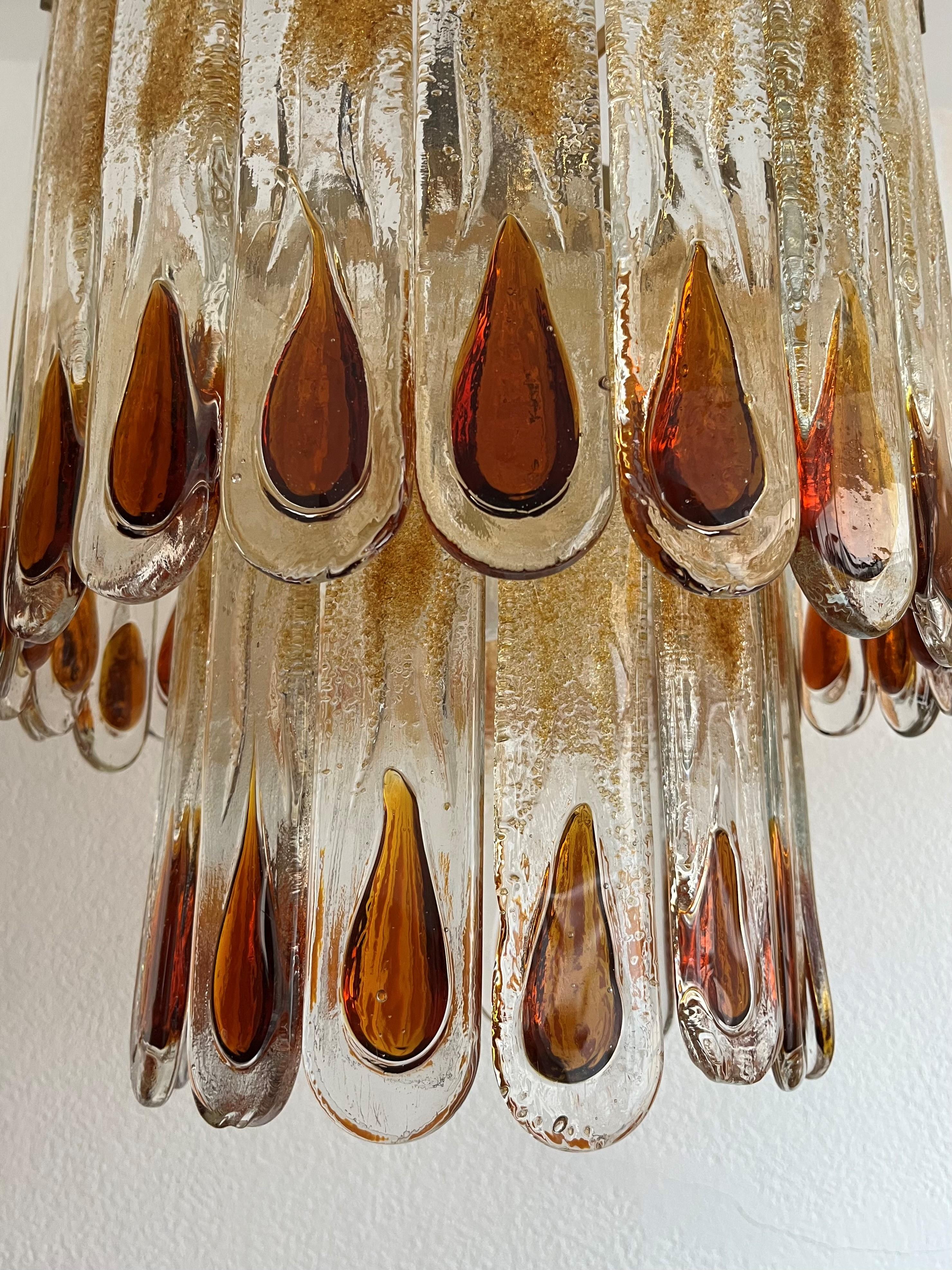 Brass Italian Midcentury Amber Murano Glass Chandlelier by Mazzega, 1970s