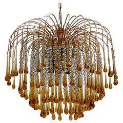 Italian Venini Amber Murano Crystal Teardrop Waterfall Chandelier, 1970s