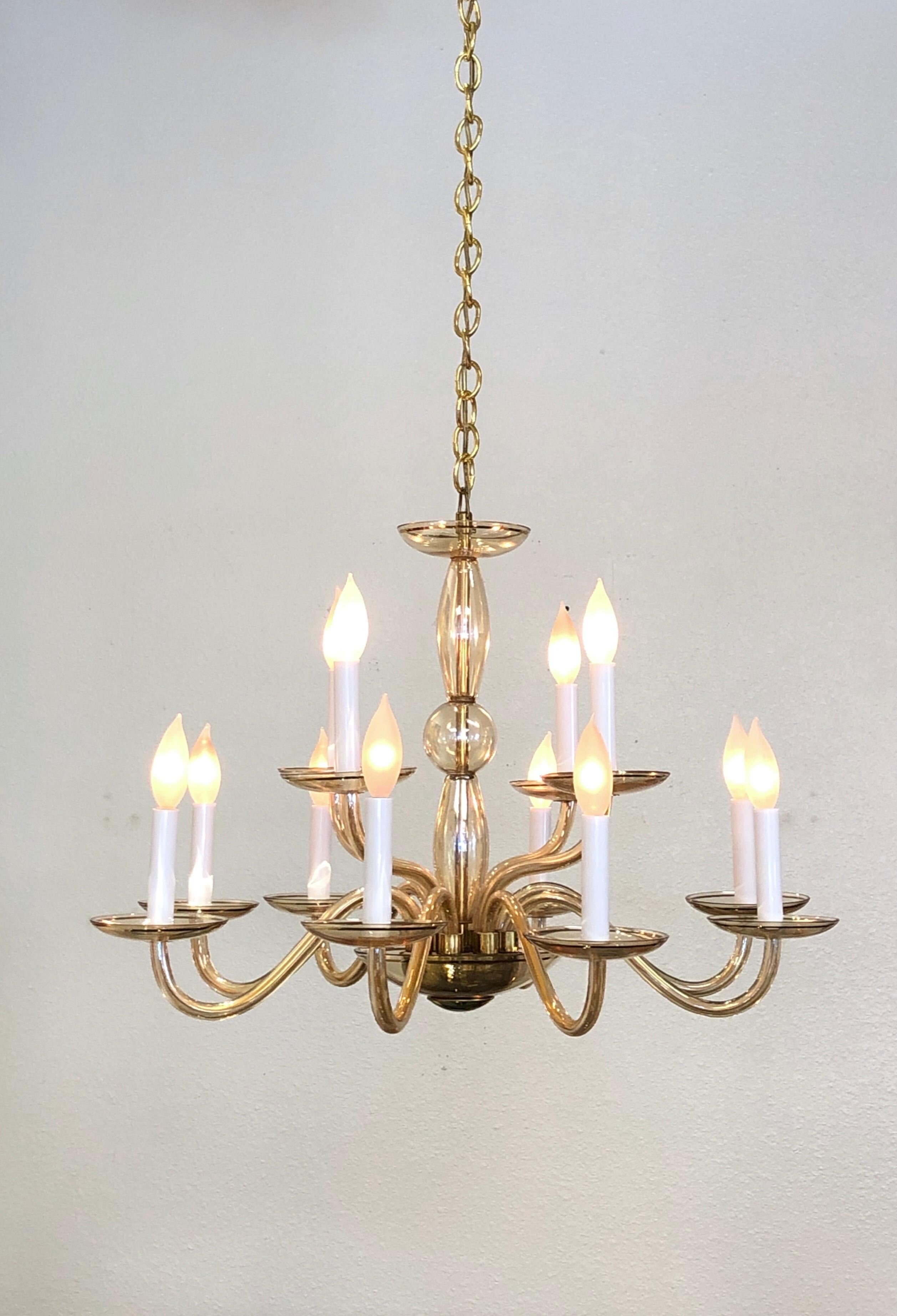 Italian Amber Murano Glass and Brass Chandelier 4