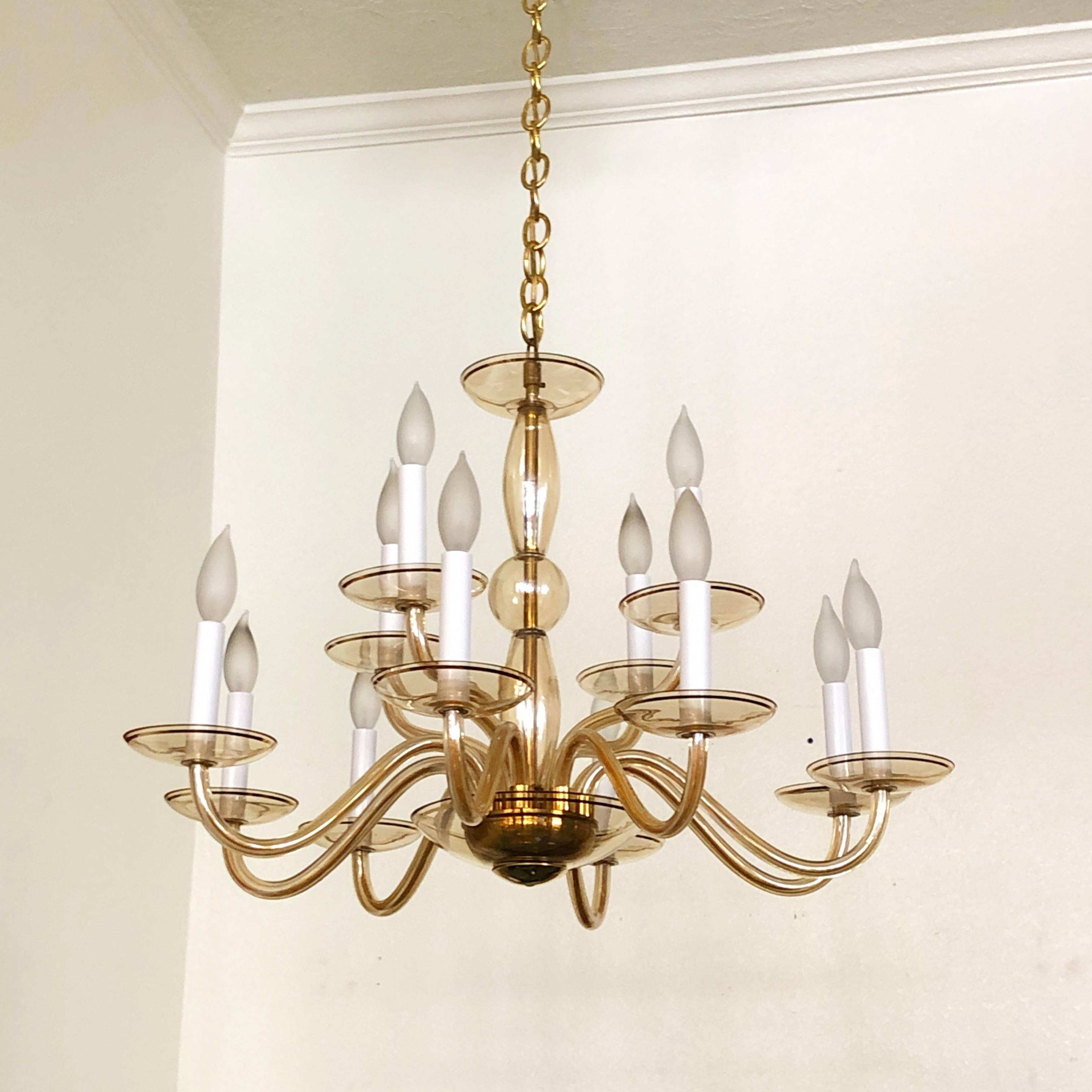 Polished Italian Amber Murano Glass and Brass Chandelier