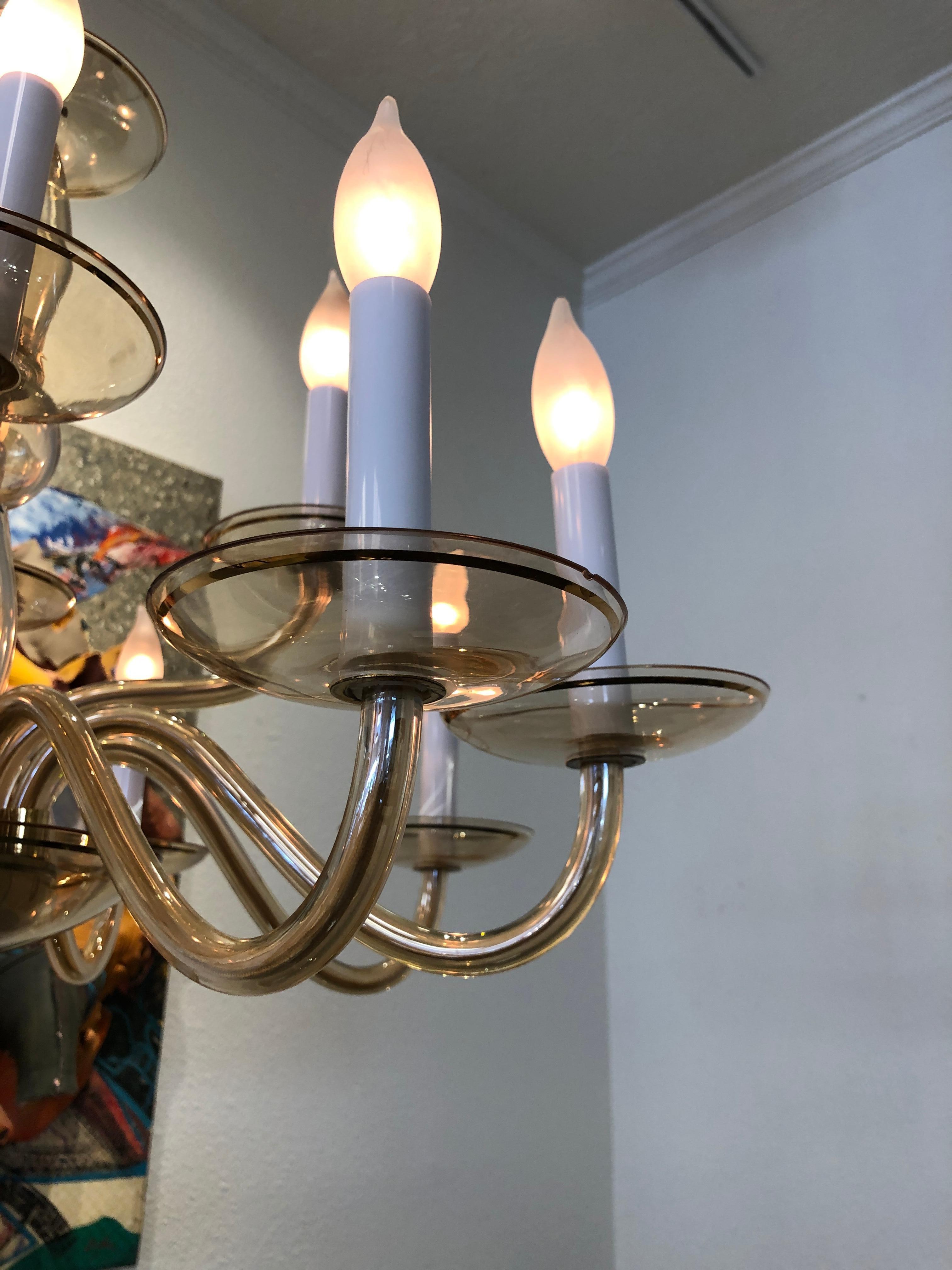 Late 20th Century Italian Amber Murano Glass and Brass Chandelier