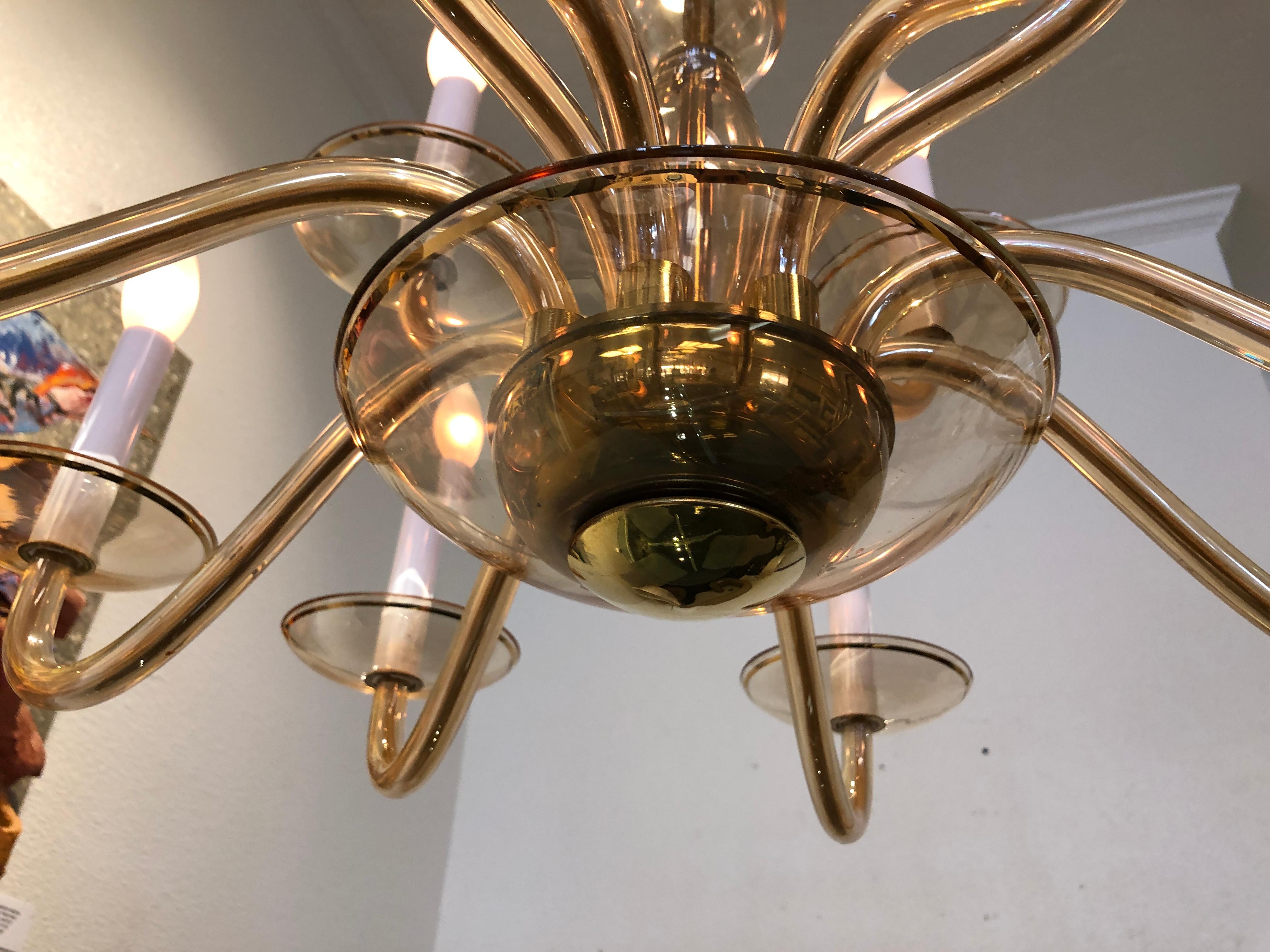 Italian Amber Murano Glass and Brass Chandelier 1