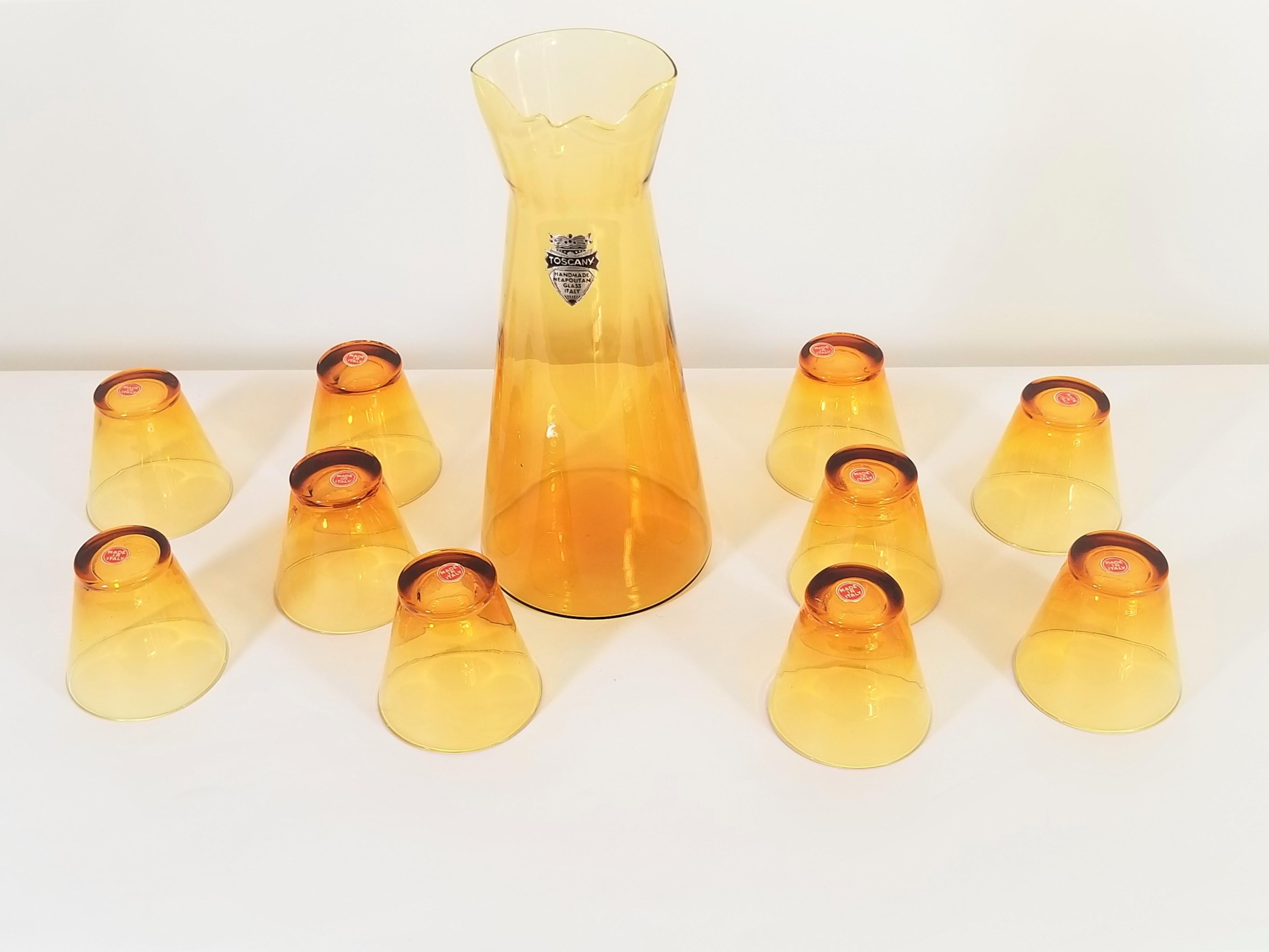 20th Century Italian Amber Tuscany Midcentury Cocktail Bar Set Made in Italy Never Used