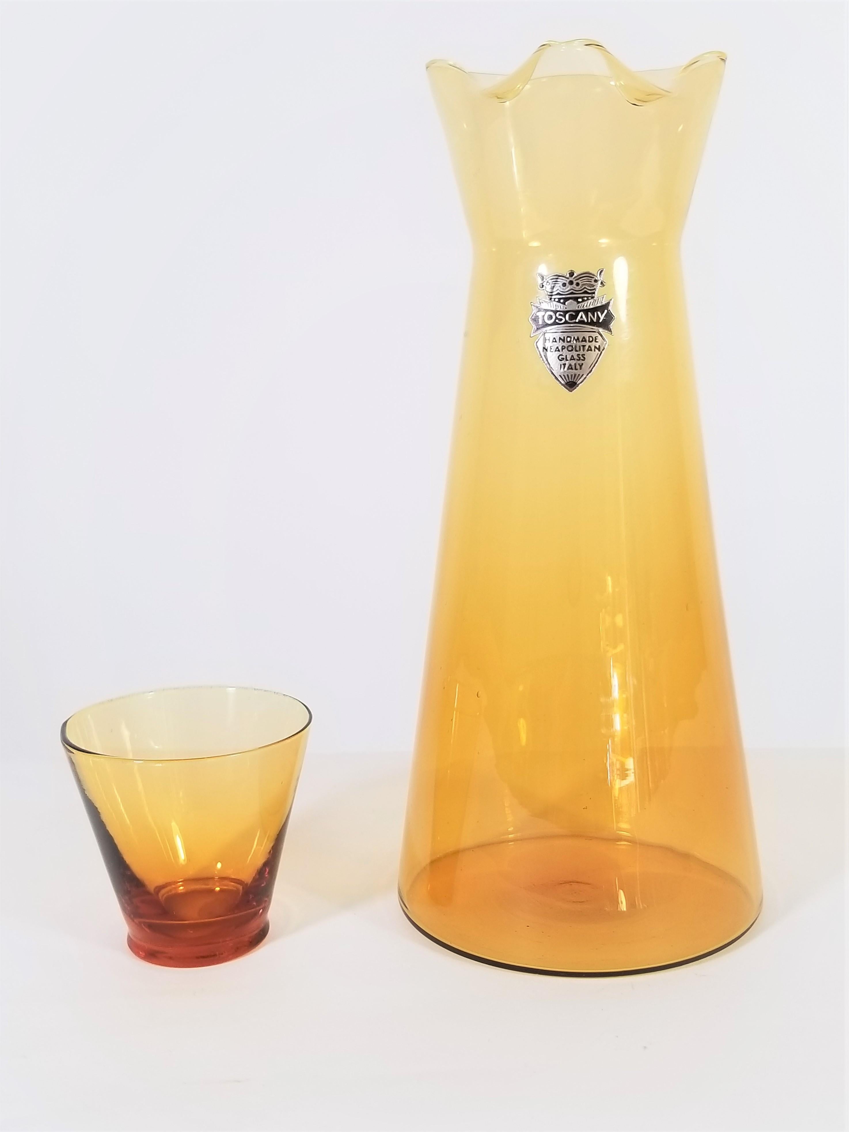 Glass Italian Amber Tuscany Midcentury Cocktail Bar Set Made in Italy Never Used