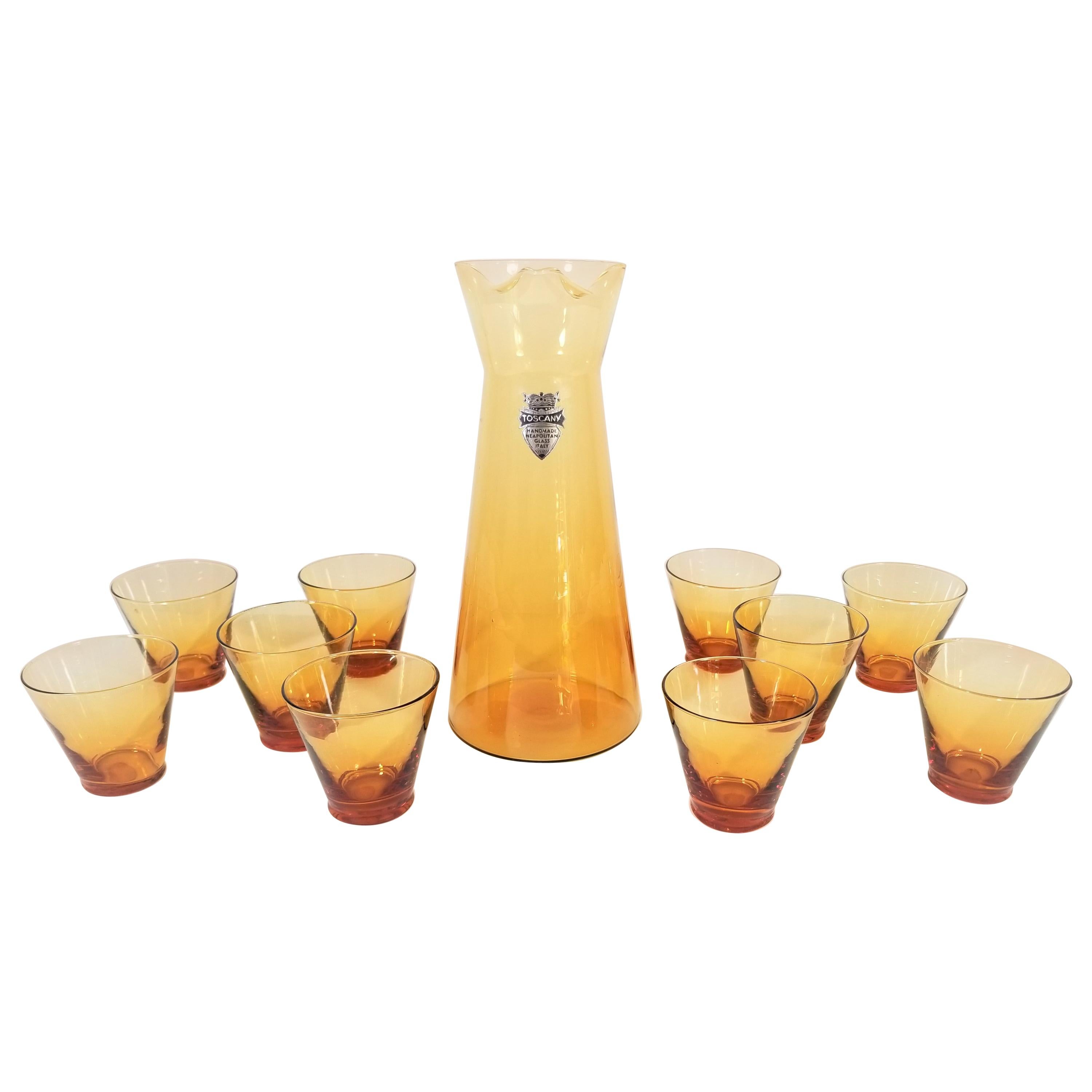 Italian Amber Tuscany Midcentury Cocktail Bar Set Made in Italy Never Used