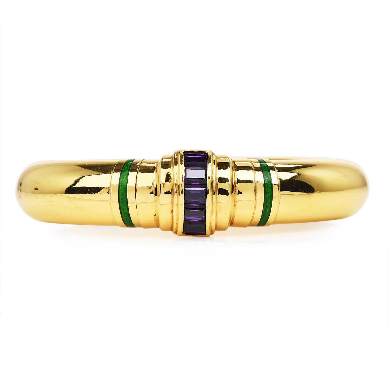 A bold exquisite bracelet is full of power and distinction.

Dazzle yourself with this high-polished 18k Italian gold bangle bracelet, accented to exquisite green enamel lines.

This wide Bangle bracelet is set with five emerald-cut genuine