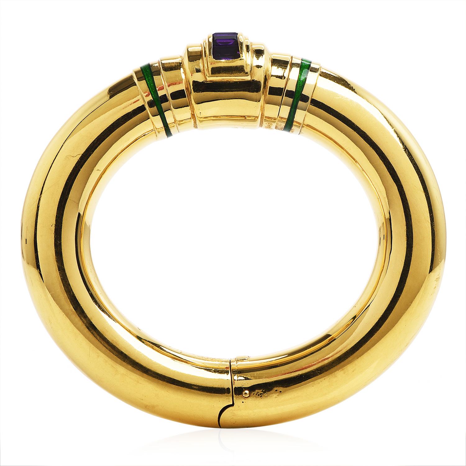 Emerald Cut Italian Amethyst 18K Yellow Gold Bold Wide Bangle Bracelet For Sale