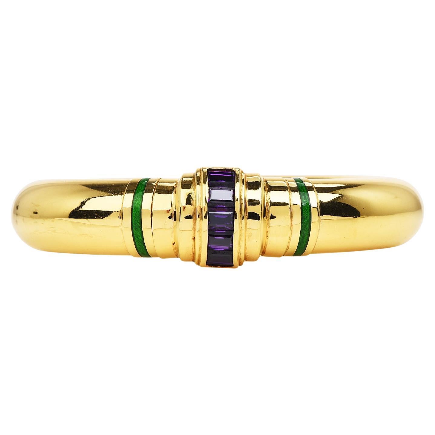 Italian Amethyst 18K Yellow Gold Bold Wide Bangle Bracelet For Sale