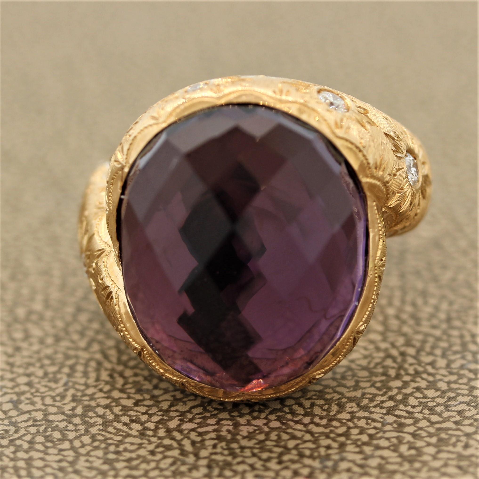 A uniquely styled cocktail ring handcrafted in Italy. It features a 21.50 carat amethyst which is dome shaped and checker-faceted in its top. It is set in a 18k rose gold mounting which has 0.40 carats of round brilliant cut diamonds set around it.